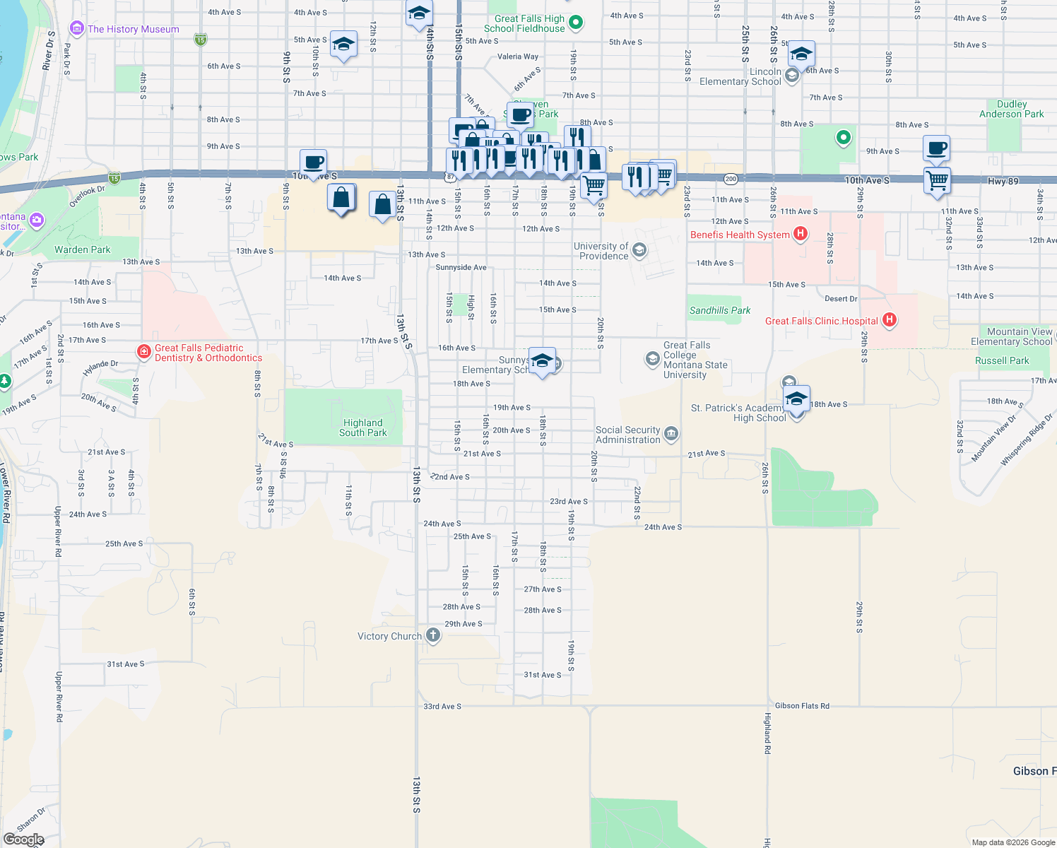 map of restaurants, bars, coffee shops, grocery stores, and more near 1715 20th Avenue South in Great Falls