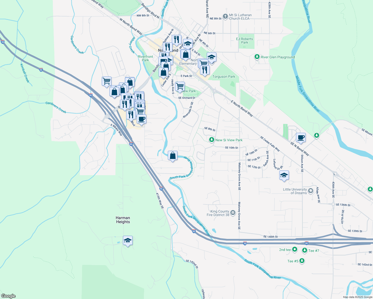 map of restaurants, bars, coffee shops, grocery stores, and more near 260 Southeast 10th Circle in North Bend