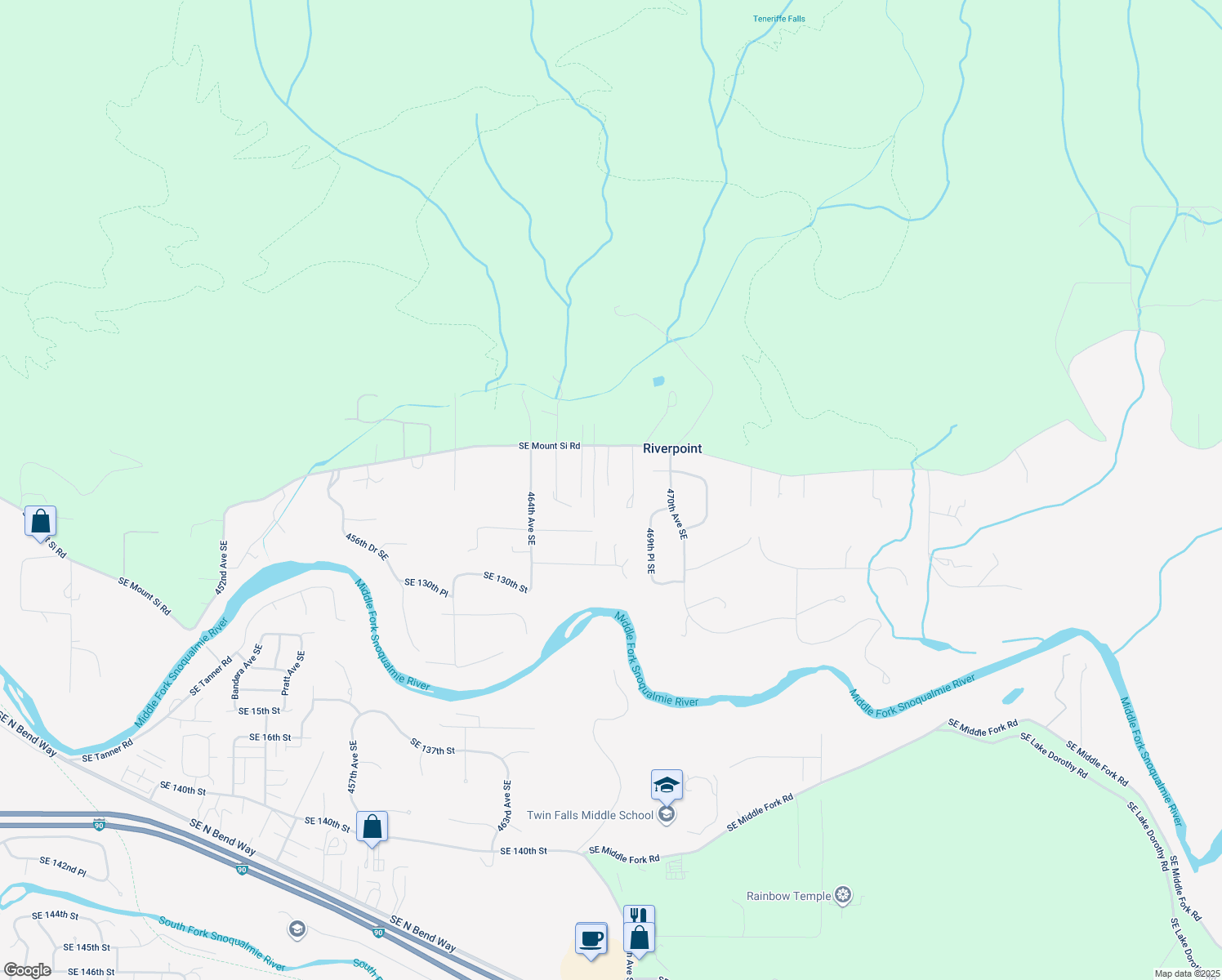 map of restaurants, bars, coffee shops, grocery stores, and more near 46707 Southeast Mount Si Road in North Bend