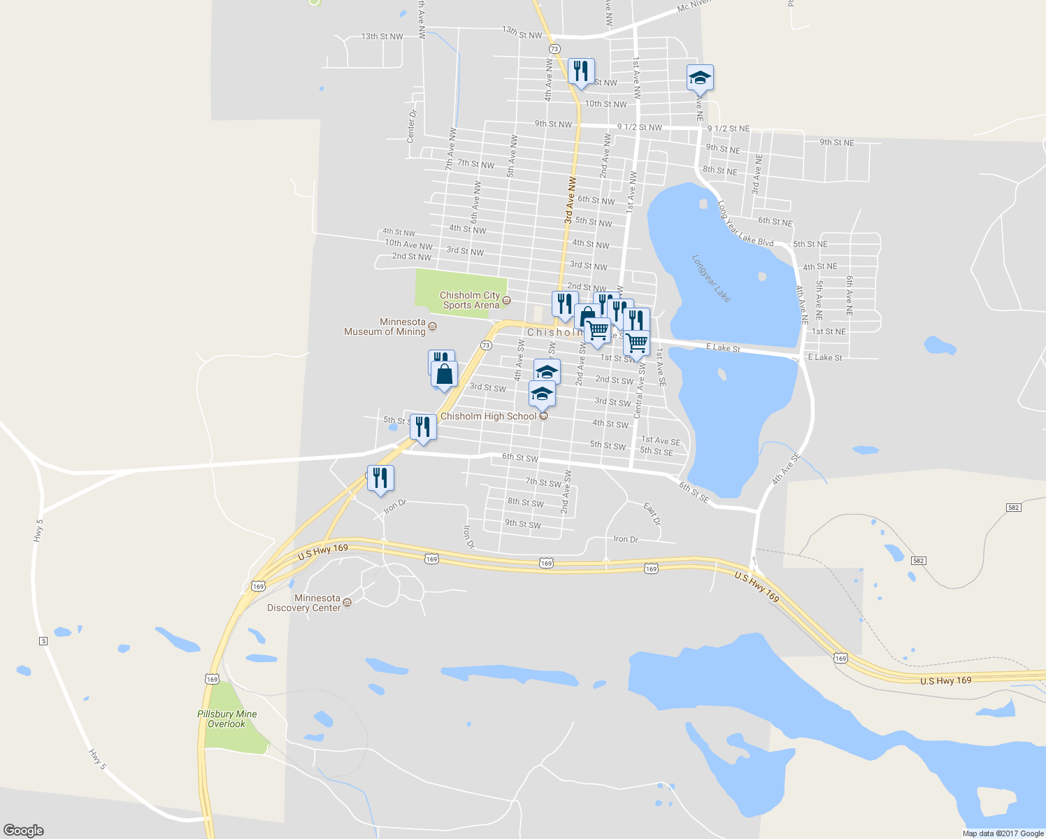 map of restaurants, bars, coffee shops, grocery stores, and more near 325 4th Street Southwest in Chisholm