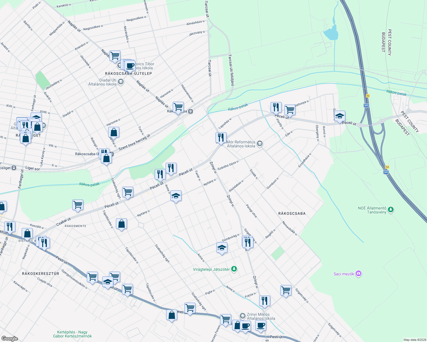 map of restaurants, bars, coffee shops, grocery stores, and more near 13 Zrínyi Street in Budapest