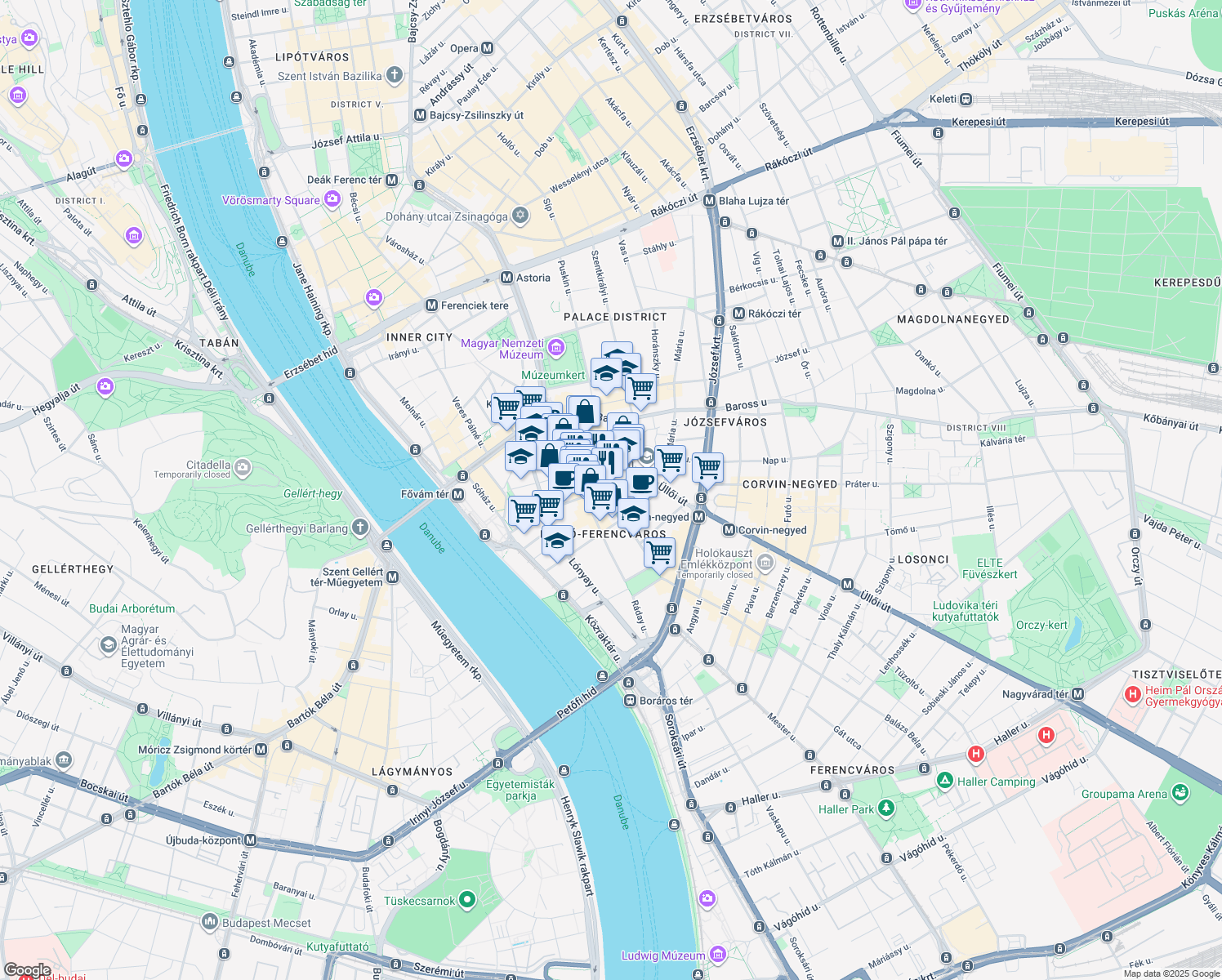 map of restaurants, bars, coffee shops, grocery stores, and more near in Budapest