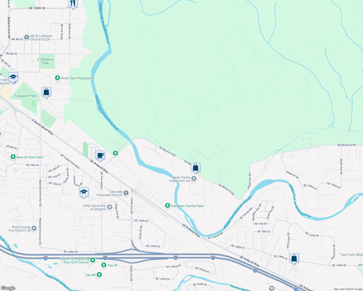 map of restaurants, bars, coffee shops, grocery stores, and more near 44220 Southeast Mount Si Road in North Bend