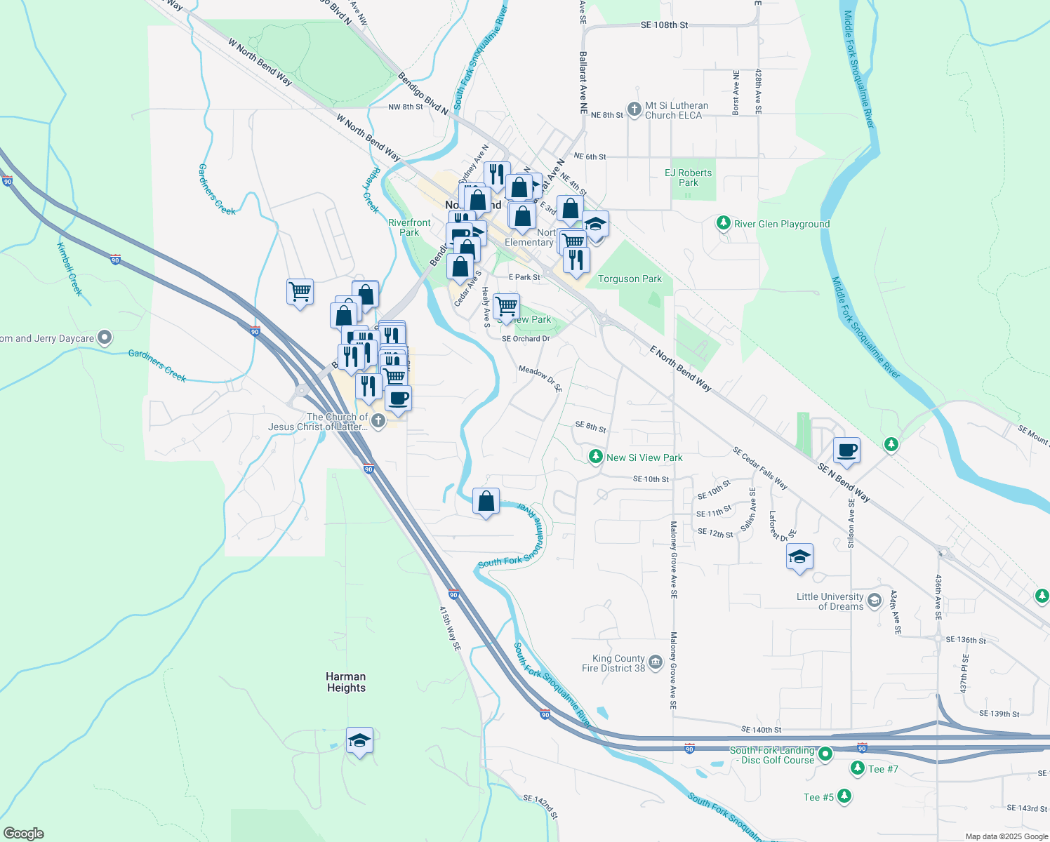 map of restaurants, bars, coffee shops, grocery stores, and more near 449 Maple Drive Southeast in North Bend