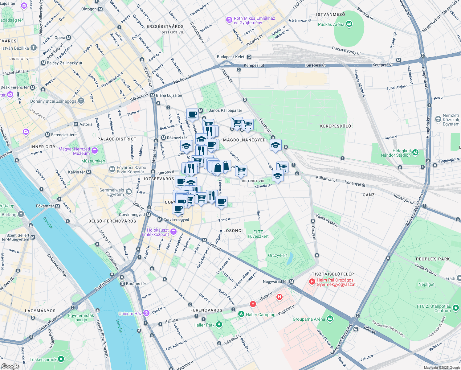 map of restaurants, bars, coffee shops, grocery stores, and more near 103 Baross Street in Budapest
