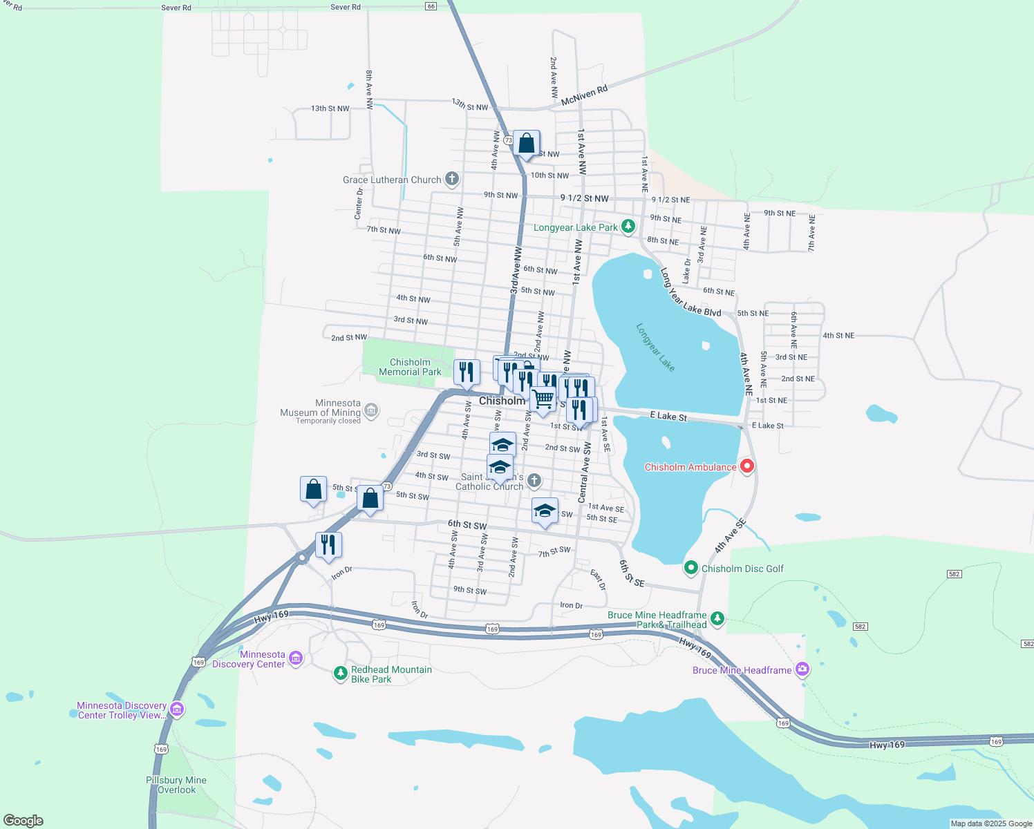 map of restaurants, bars, coffee shops, grocery stores, and more near 212 1st St SW in Chisholm