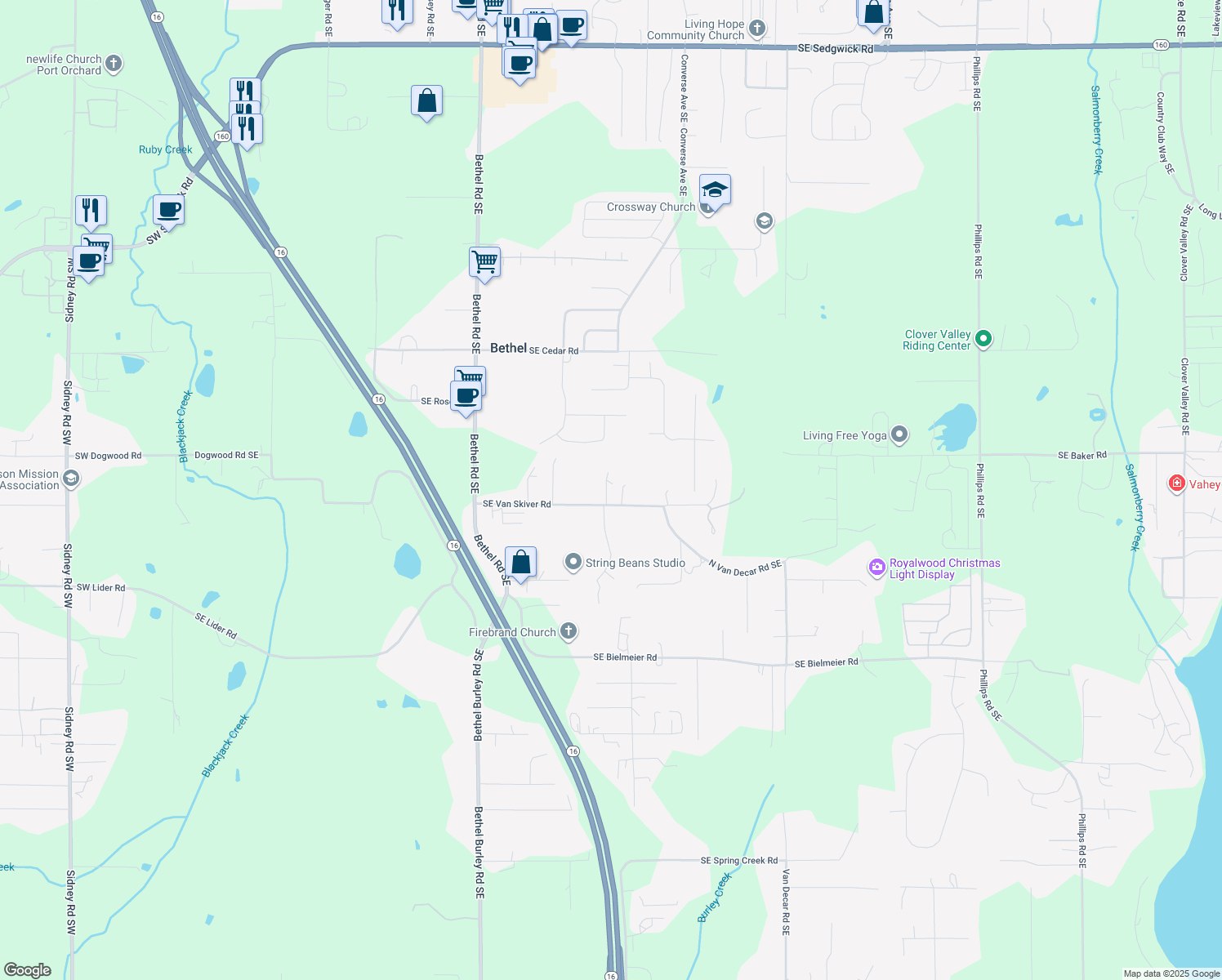 map of restaurants, bars, coffee shops, grocery stores, and more near 2119 Southeast Van Skiver Road in Port Orchard