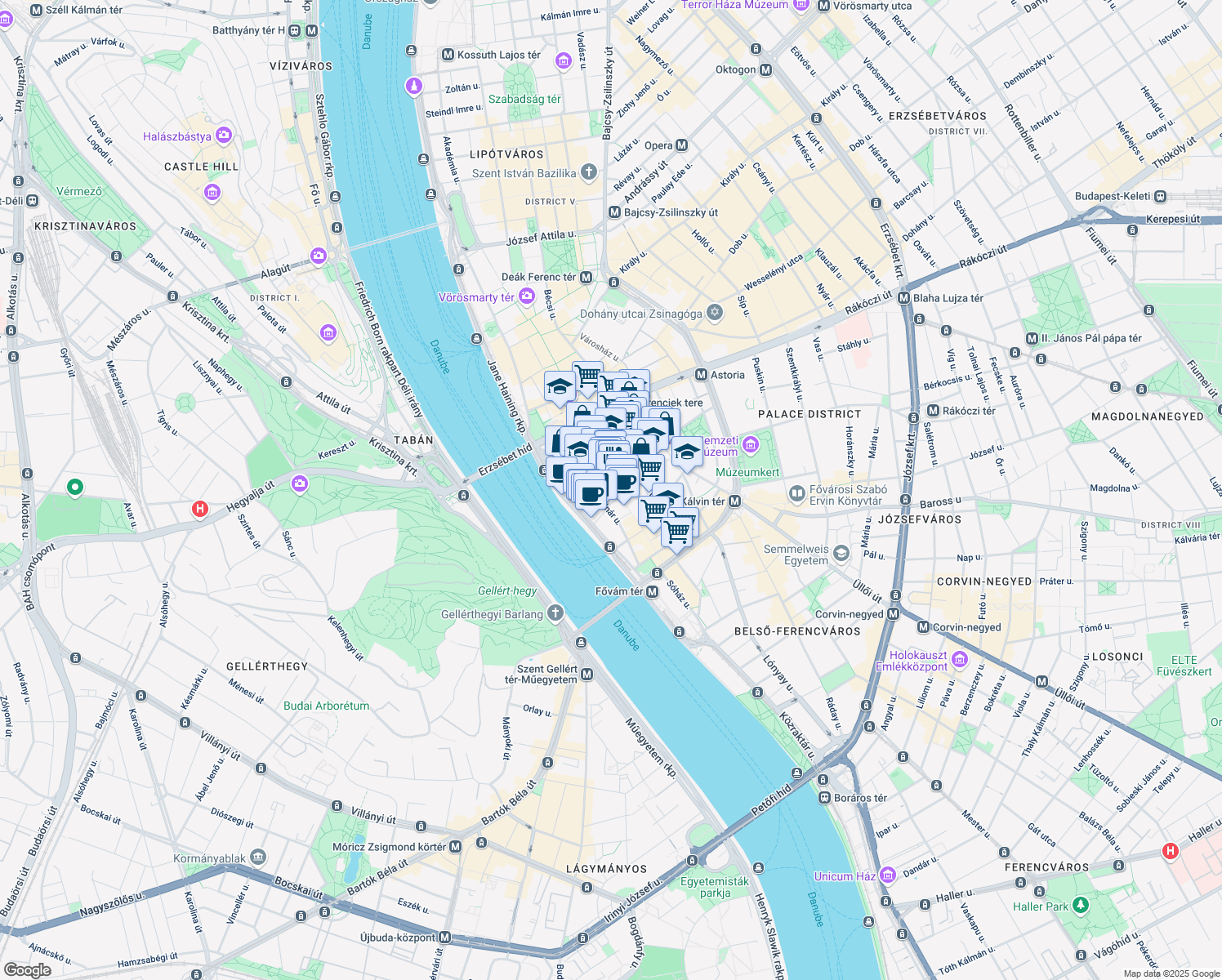 map of restaurants, bars, coffee shops, grocery stores, and more near in Budapest