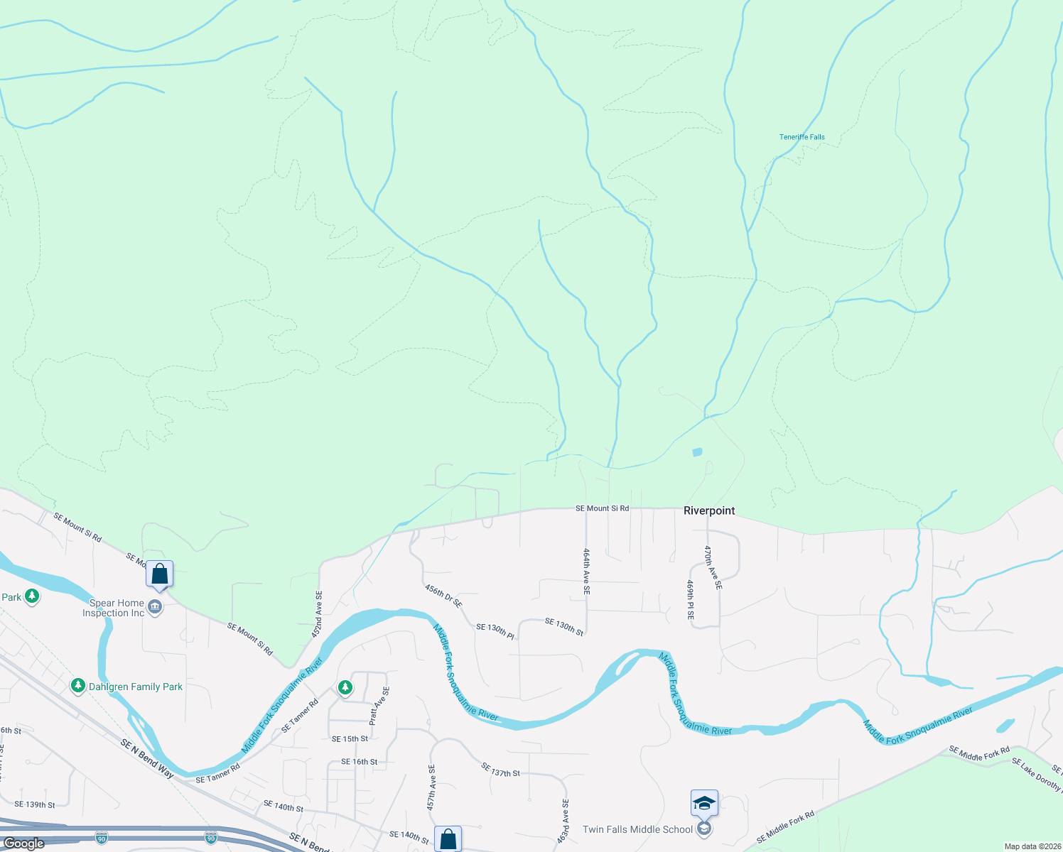map of restaurants, bars, coffee shops, grocery stores, and more near 12310 461st Avenue Southeast in North Bend