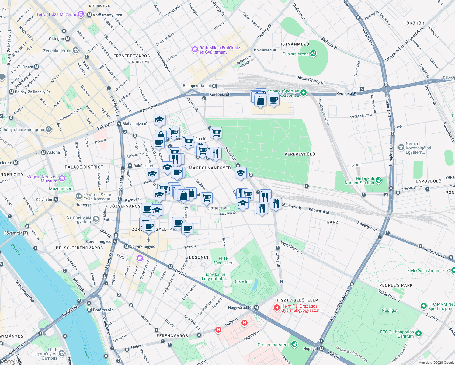 map of restaurants, bars, coffee shops, grocery stores, and more near in Budapest