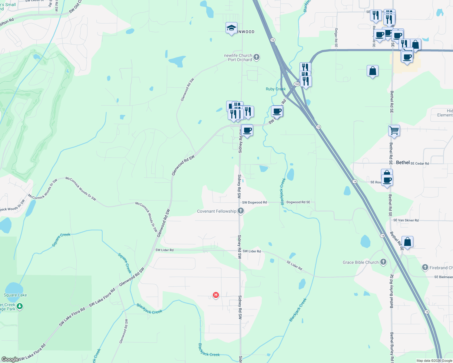 map of restaurants, bars, coffee shops, grocery stores, and more near 6044 Sidney Road Southwest in Port Orchard