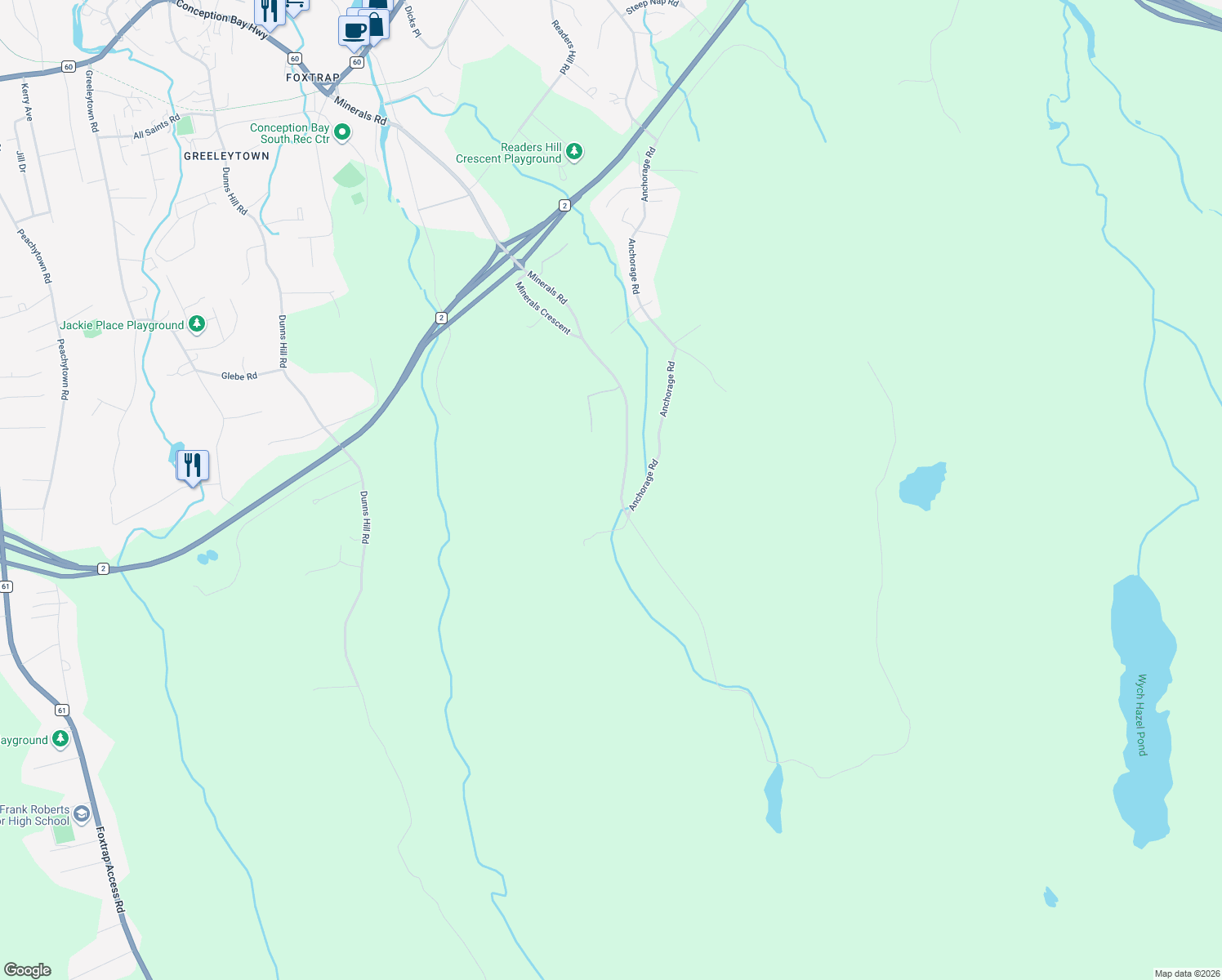 map of restaurants, bars, coffee shops, grocery stores, and more near 234 Minerals Road in Conception Bay South
