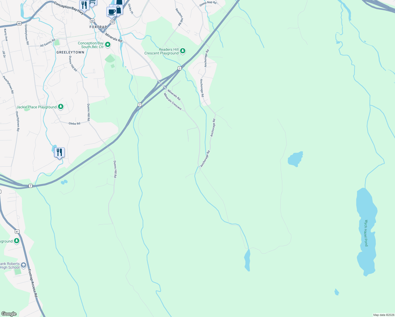 map of restaurants, bars, coffee shops, grocery stores, and more near 234 Minerals Road in Conception Bay South