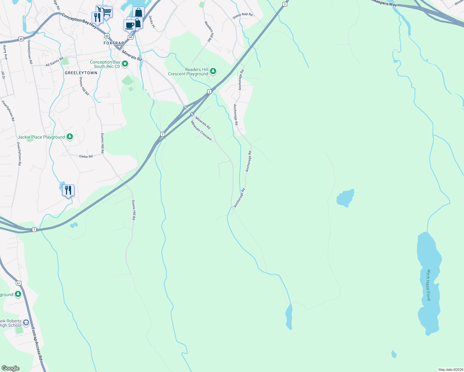 map of restaurants, bars, coffee shops, grocery stores, and more near 322 Anchorage Road in Conception Bay South