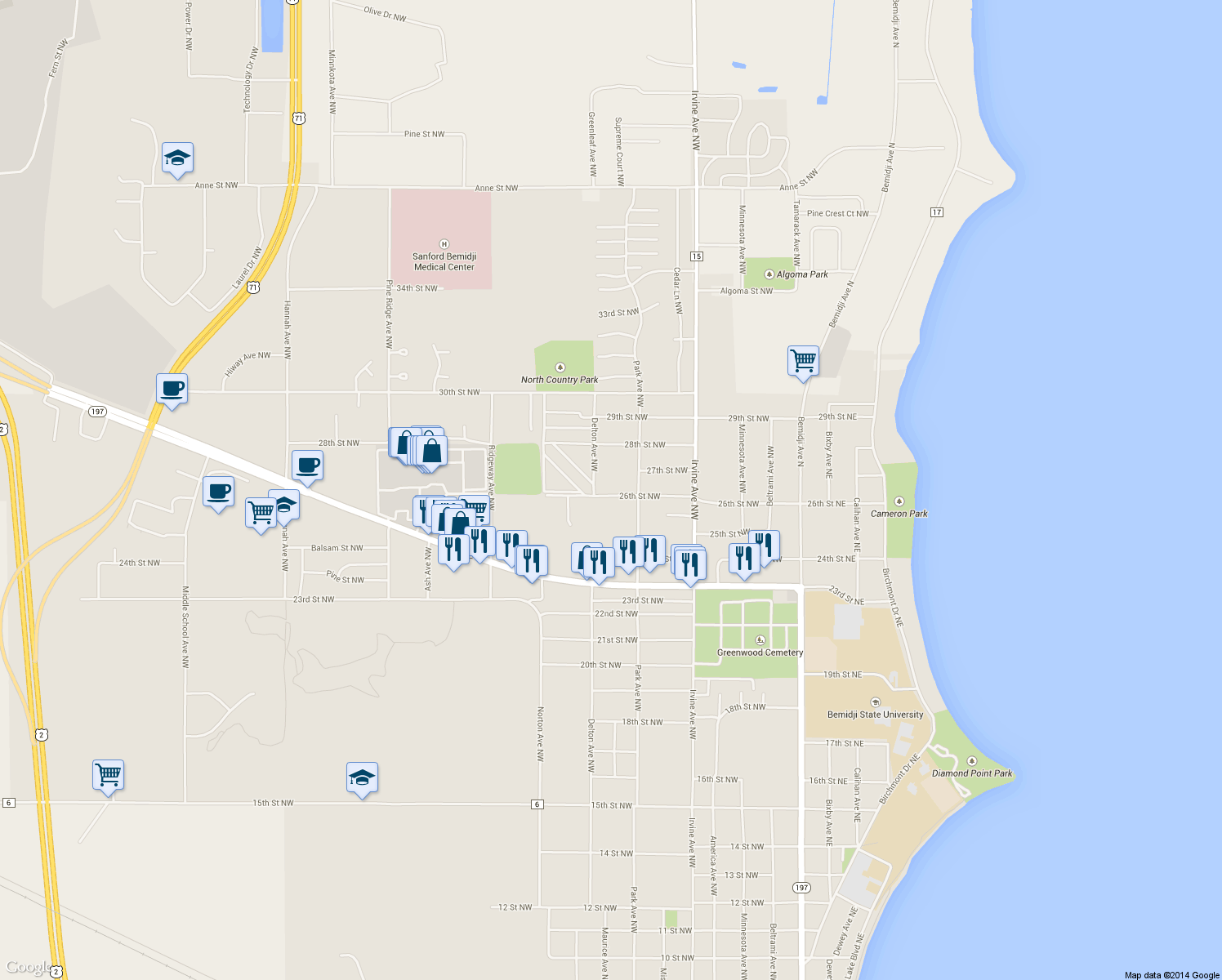 map of restaurants, bars, coffee shops, grocery stores, and more near 727 26th Street Northwest in Bemidji