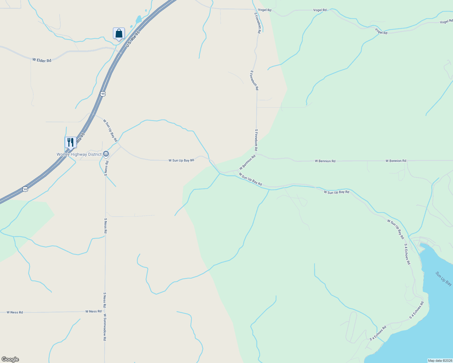 map of restaurants, bars, coffee shops, grocery stores, and more near West Sun Up Bay Road in Worley