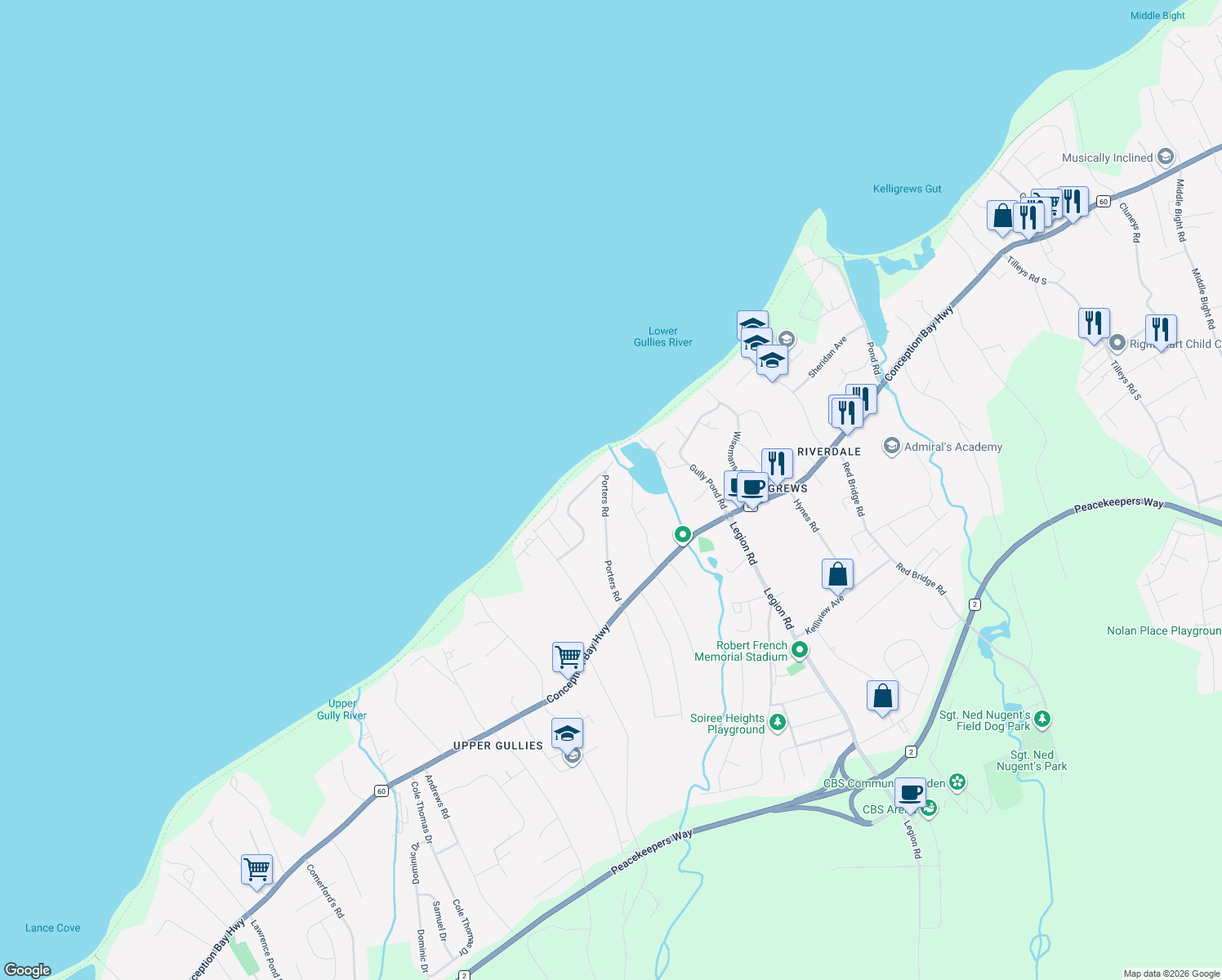 map of restaurants, bars, coffee shops, grocery stores, and more near 66a Porters Road in Conception Bay South