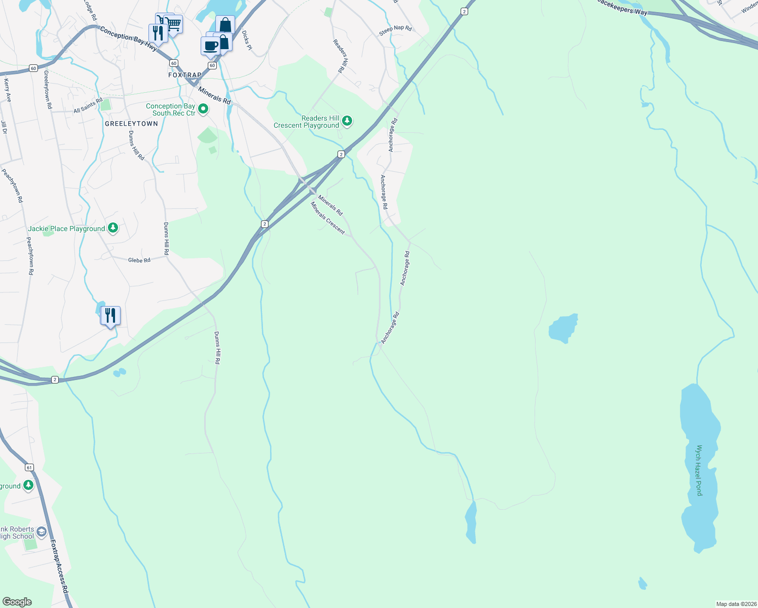 map of restaurants, bars, coffee shops, grocery stores, and more near 322 Anchorage Road in Conception Bay South