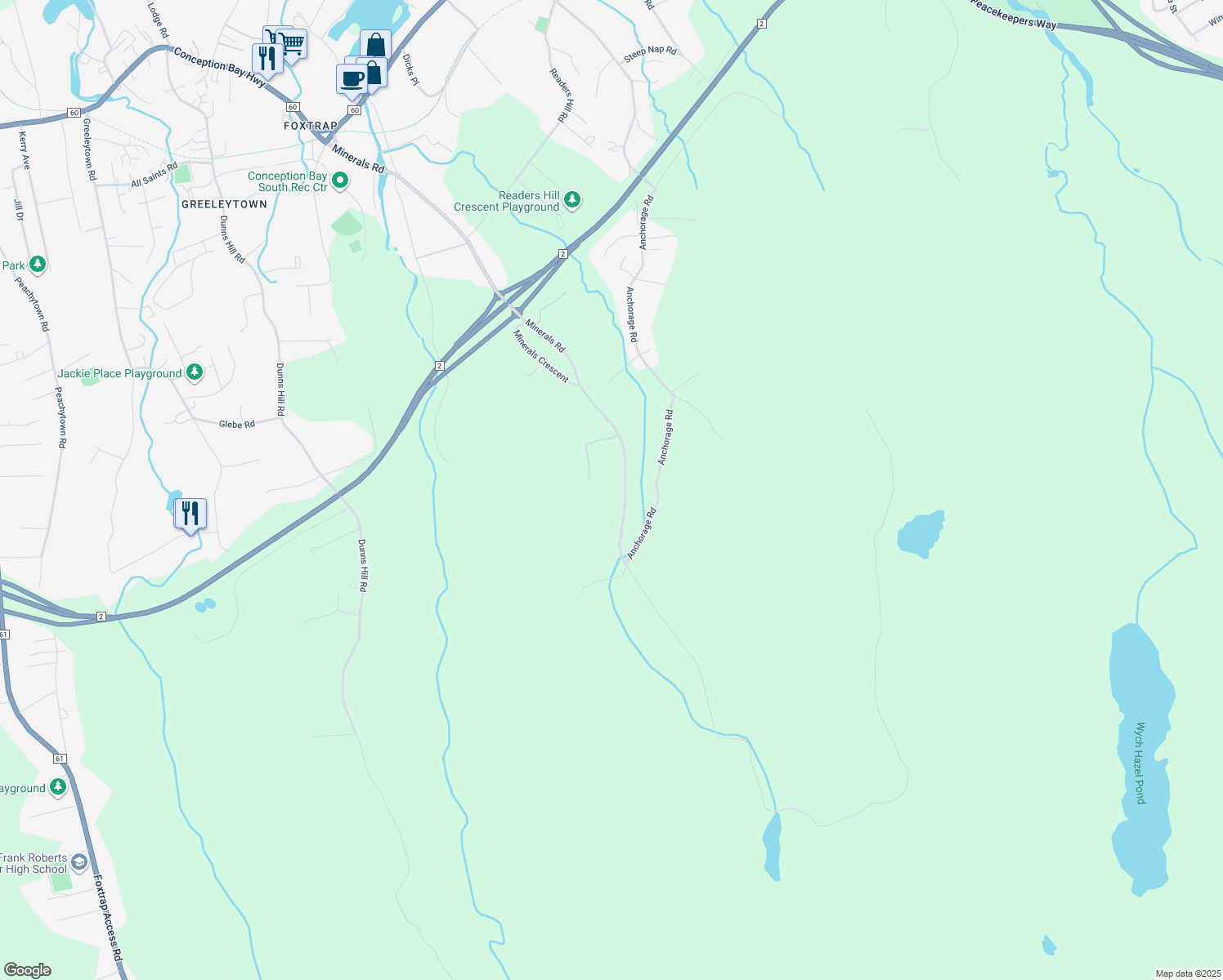 map of restaurants, bars, coffee shops, grocery stores, and more near 204 Minerals Road in Conception Bay South