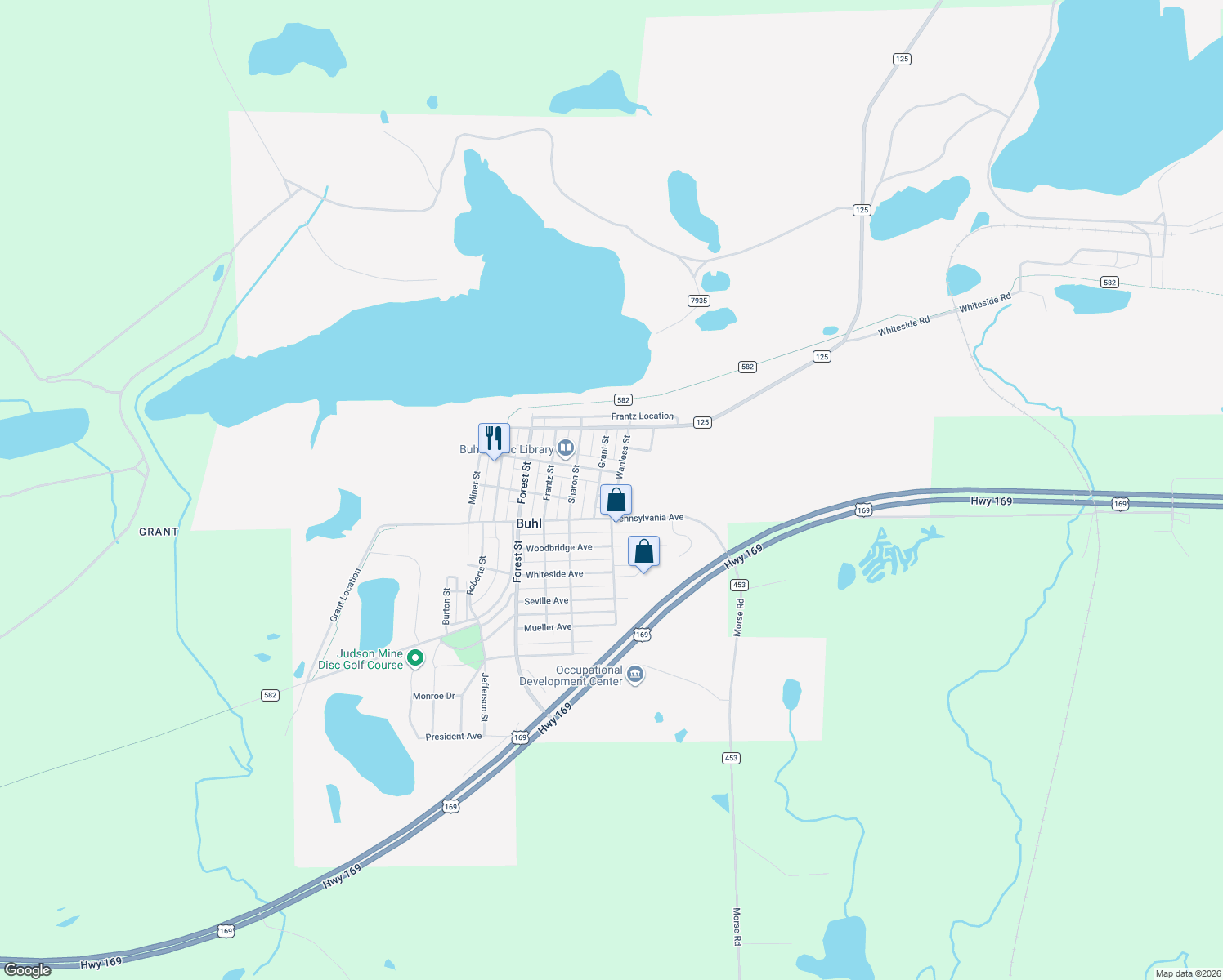 map of restaurants, bars, coffee shops, grocery stores, and more near 609 Wabigon Avenue in Hibbing