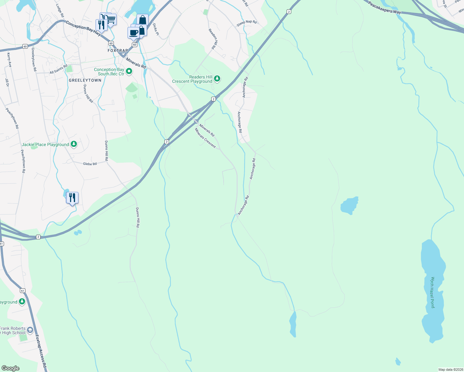 map of restaurants, bars, coffee shops, grocery stores, and more near 200 Minerals Road in Conception Bay South