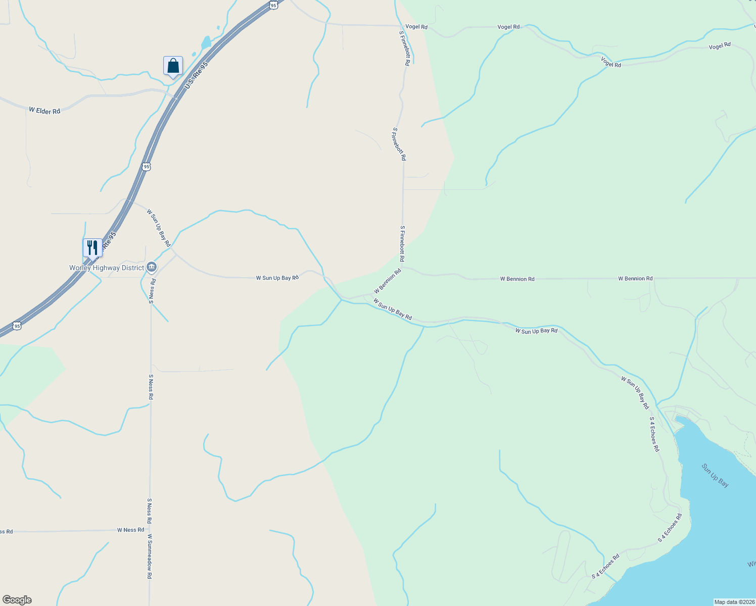 map of restaurants, bars, coffee shops, grocery stores, and more near West Sun Up Bay Road in Worley