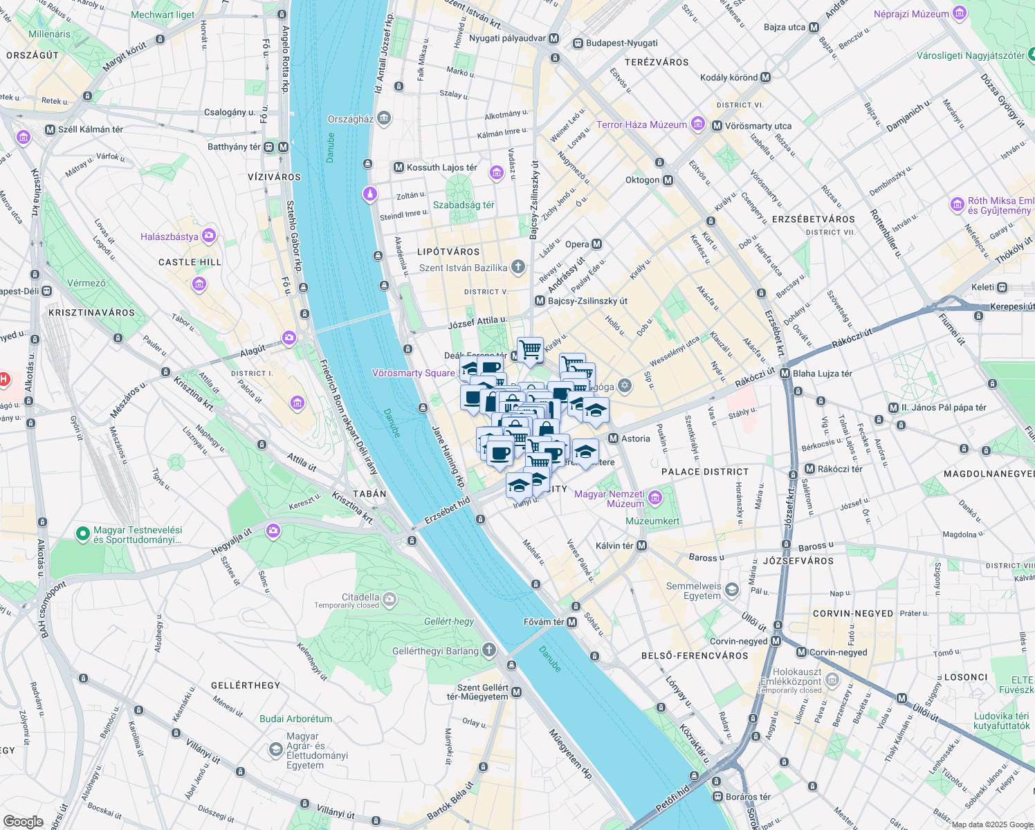 map of restaurants, bars, coffee shops, grocery stores, and more near in Budapest