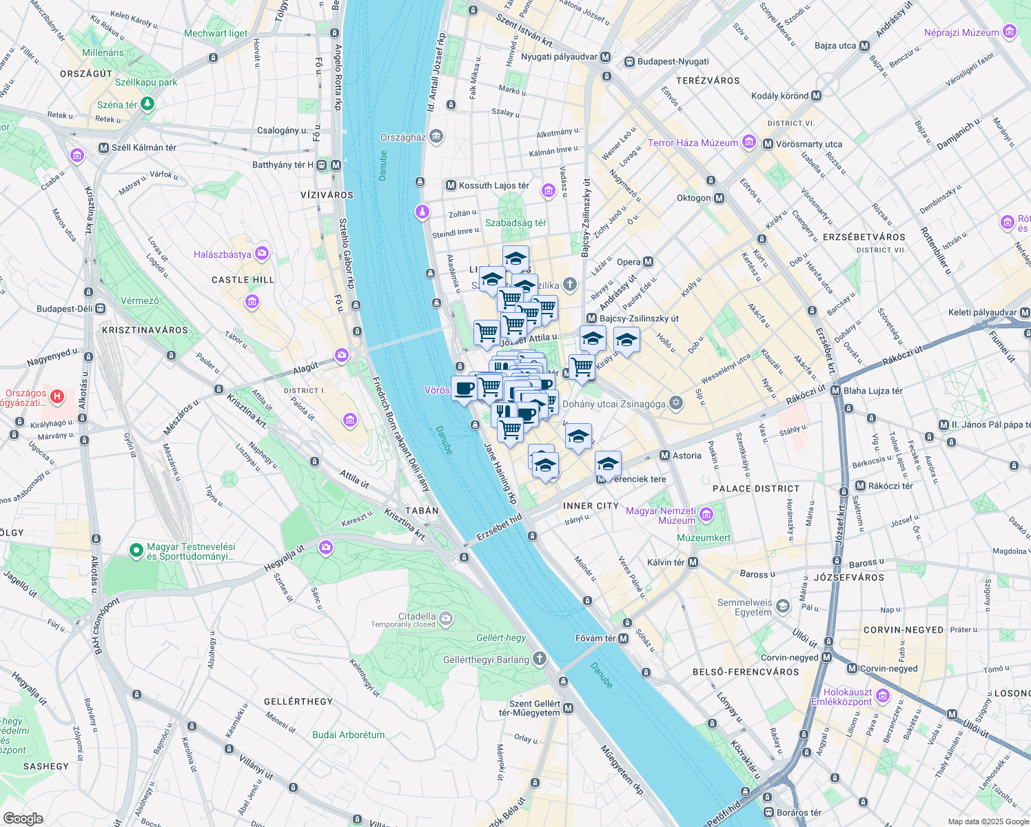map of restaurants, bars, coffee shops, grocery stores, and more near in Budapest