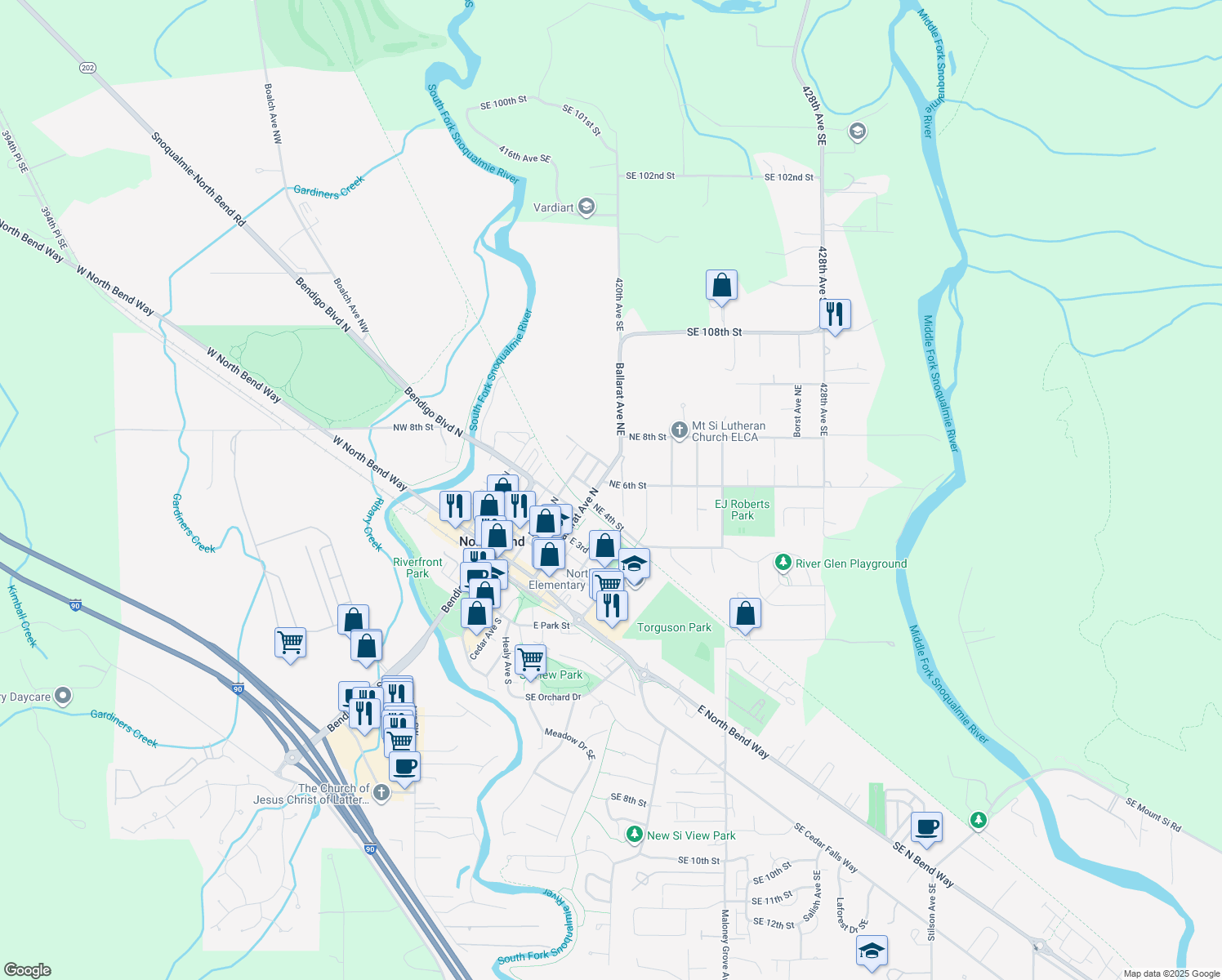 map of restaurants, bars, coffee shops, grocery stores, and more near 512 Ballarat Avenue North in North Bend