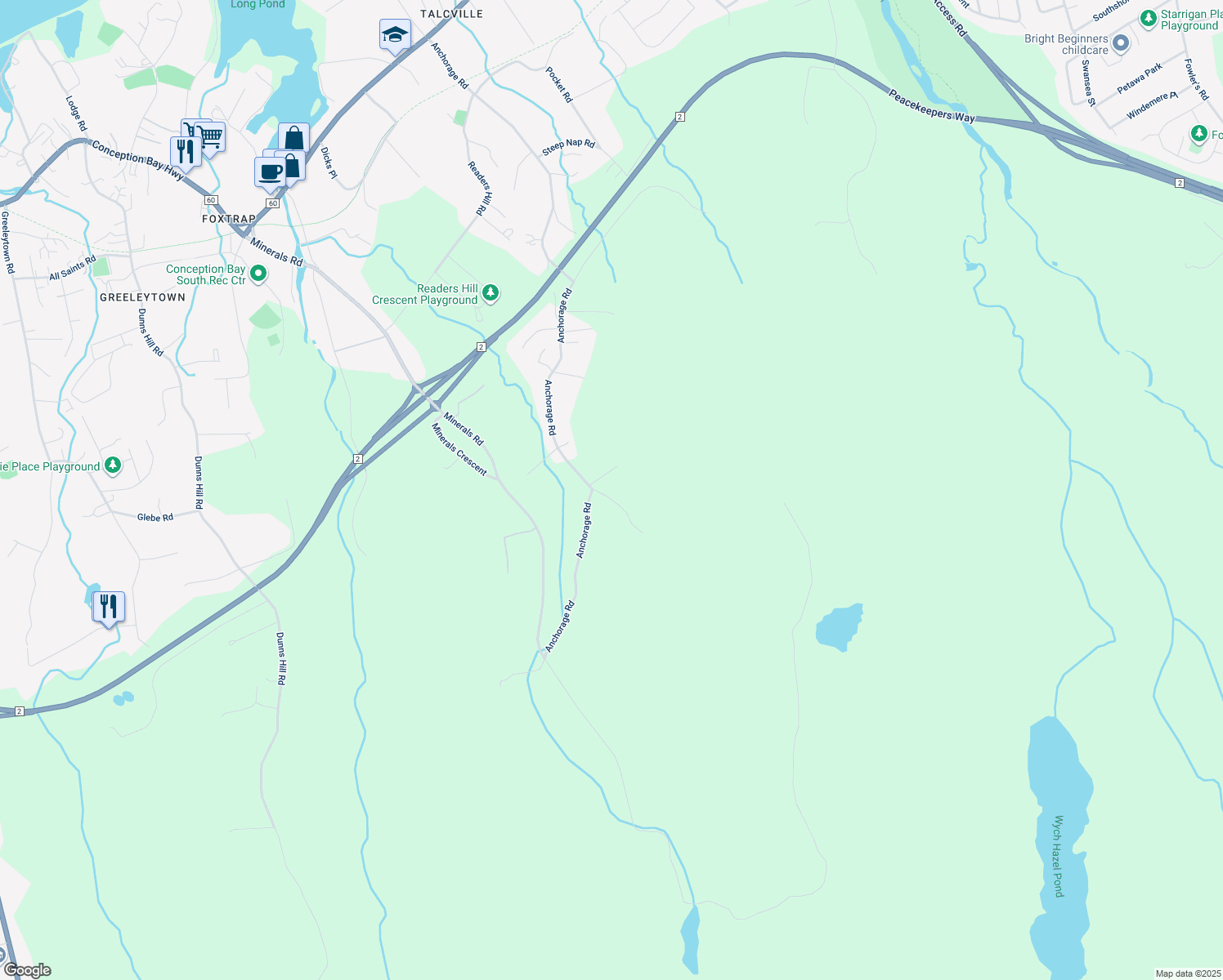 map of restaurants, bars, coffee shops, grocery stores, and more near 11 Cross Meadow in Conception Bay South