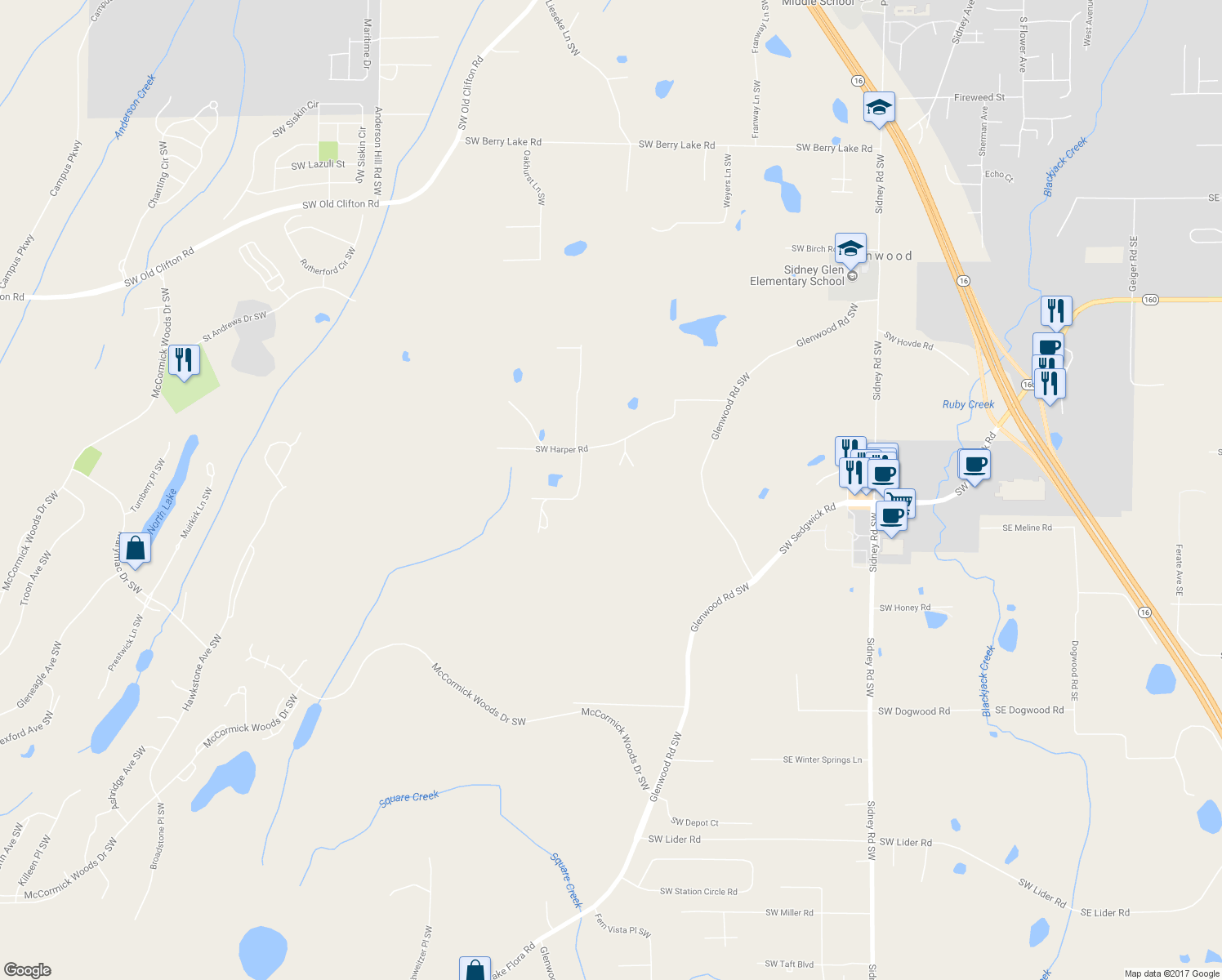map of restaurants, bars, coffee shops, grocery stores, and more near 1100 Southwest Harper Road in Port Orchard