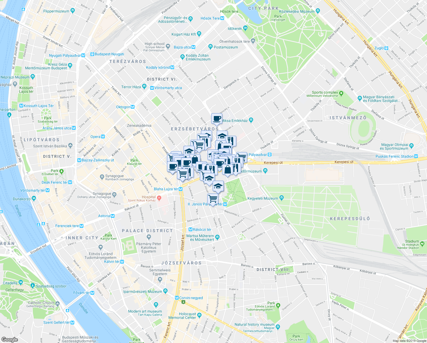 map of restaurants, bars, coffee shops, grocery stores, and more near 70 Rákóczi Way in Budapest