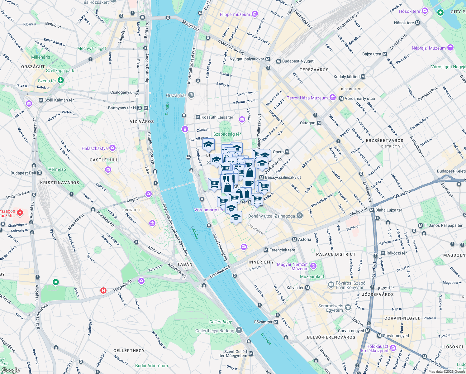 map of restaurants, bars, coffee shops, grocery stores, and more near József Attila Street in Budapest