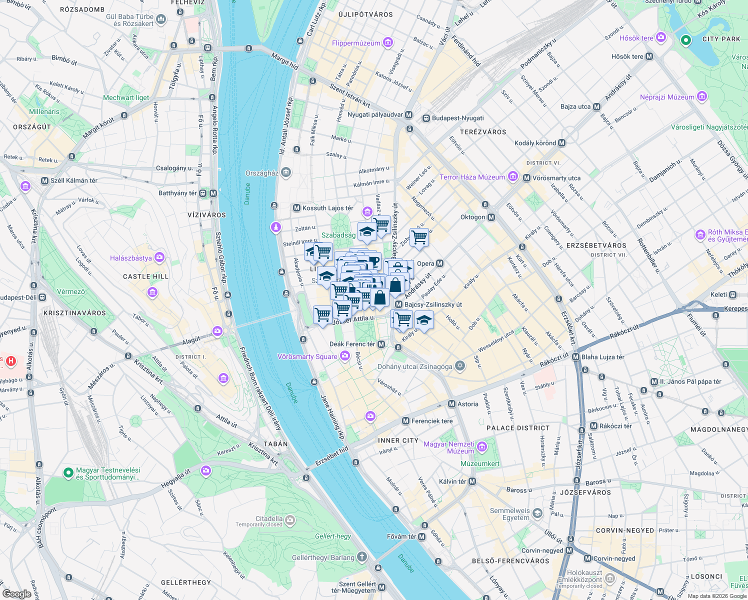 map of restaurants, bars, coffee shops, grocery stores, and more near in Budapest
