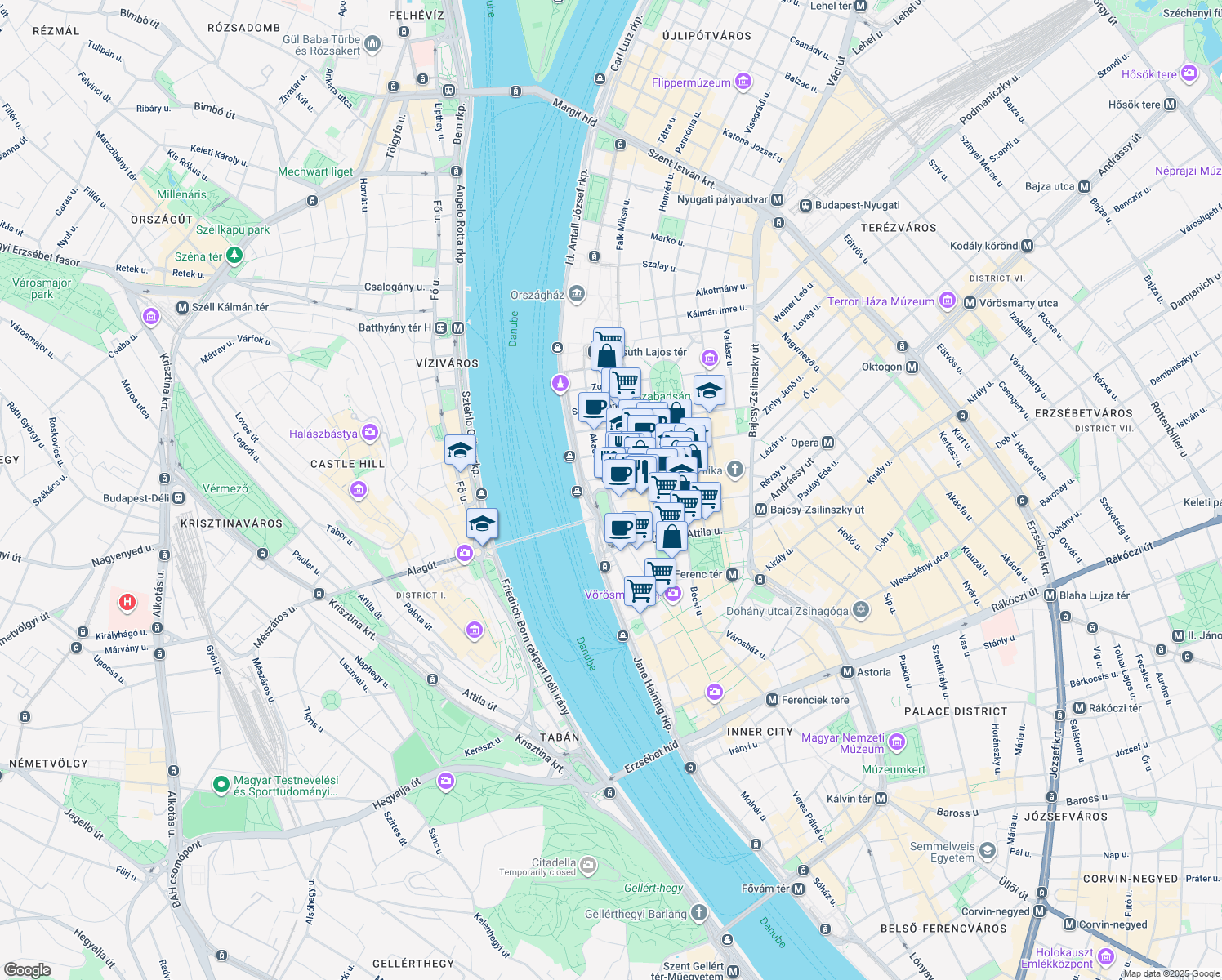 map of restaurants, bars, coffee shops, grocery stores, and more near in Budapest