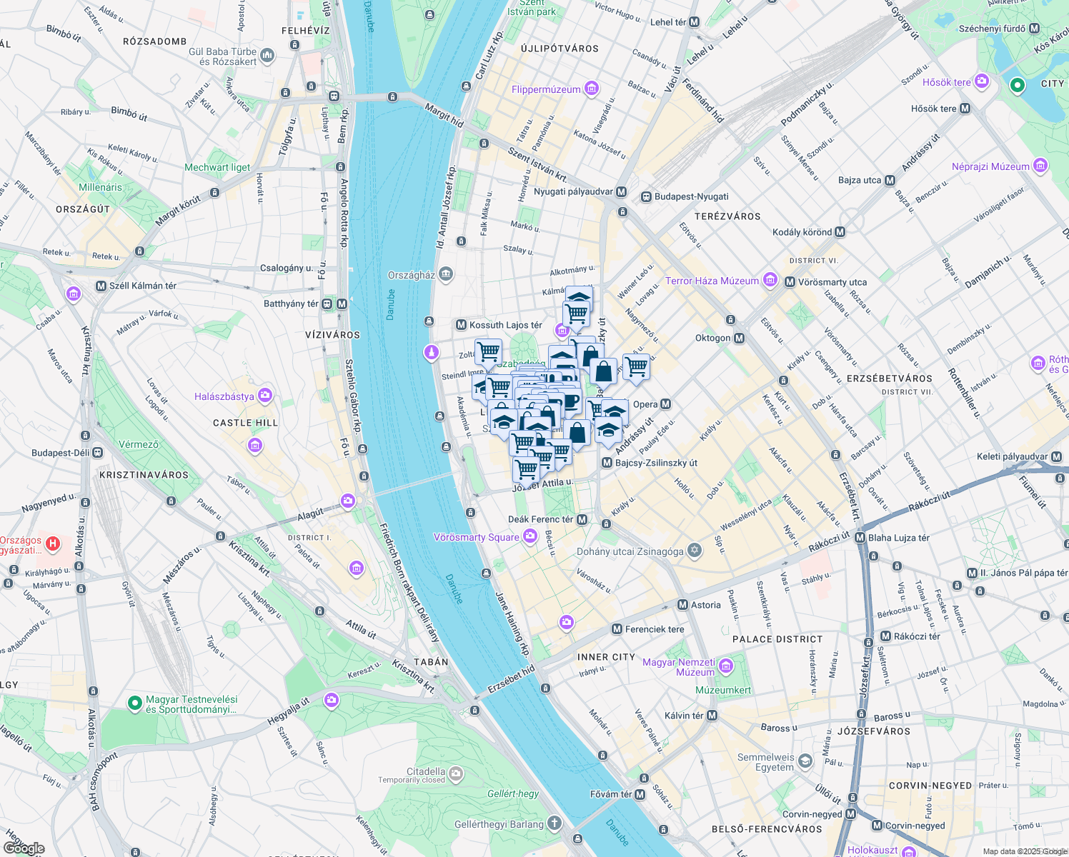 map of restaurants, bars, coffee shops, grocery stores, and more near 24 Sas Street in Budapest
