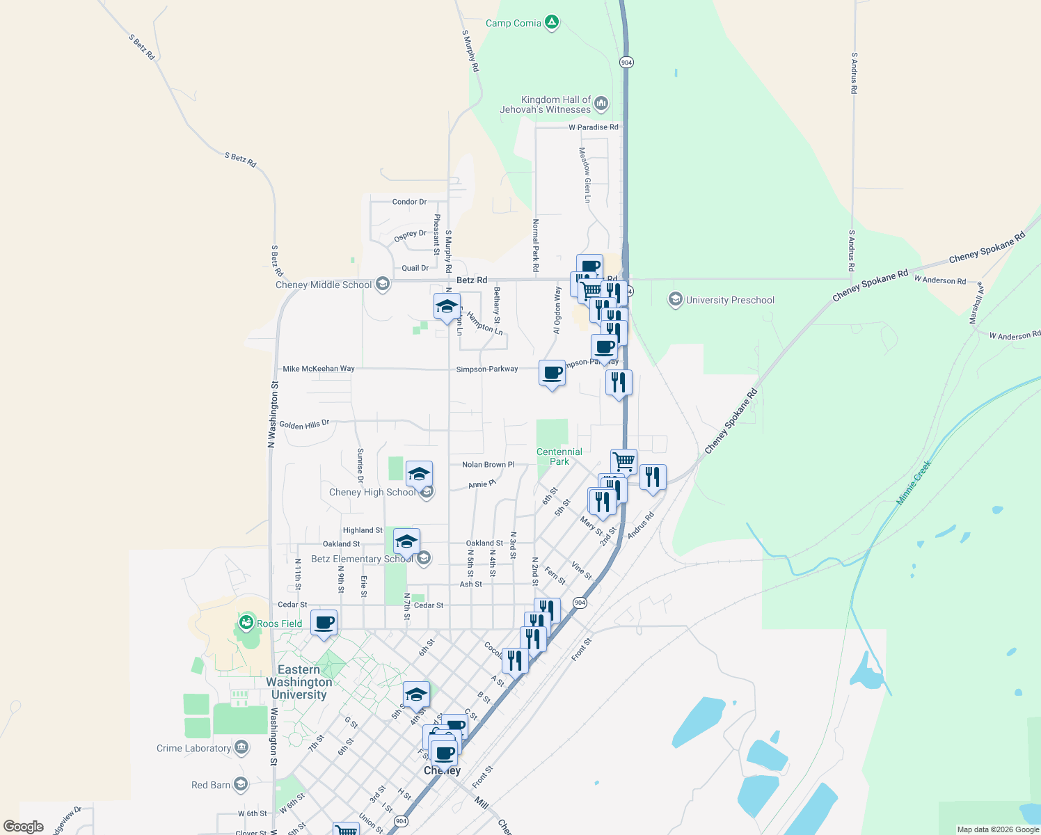 map of restaurants, bars, coffee shops, grocery stores, and more near 309 Plum Tree Ct in Cheney
