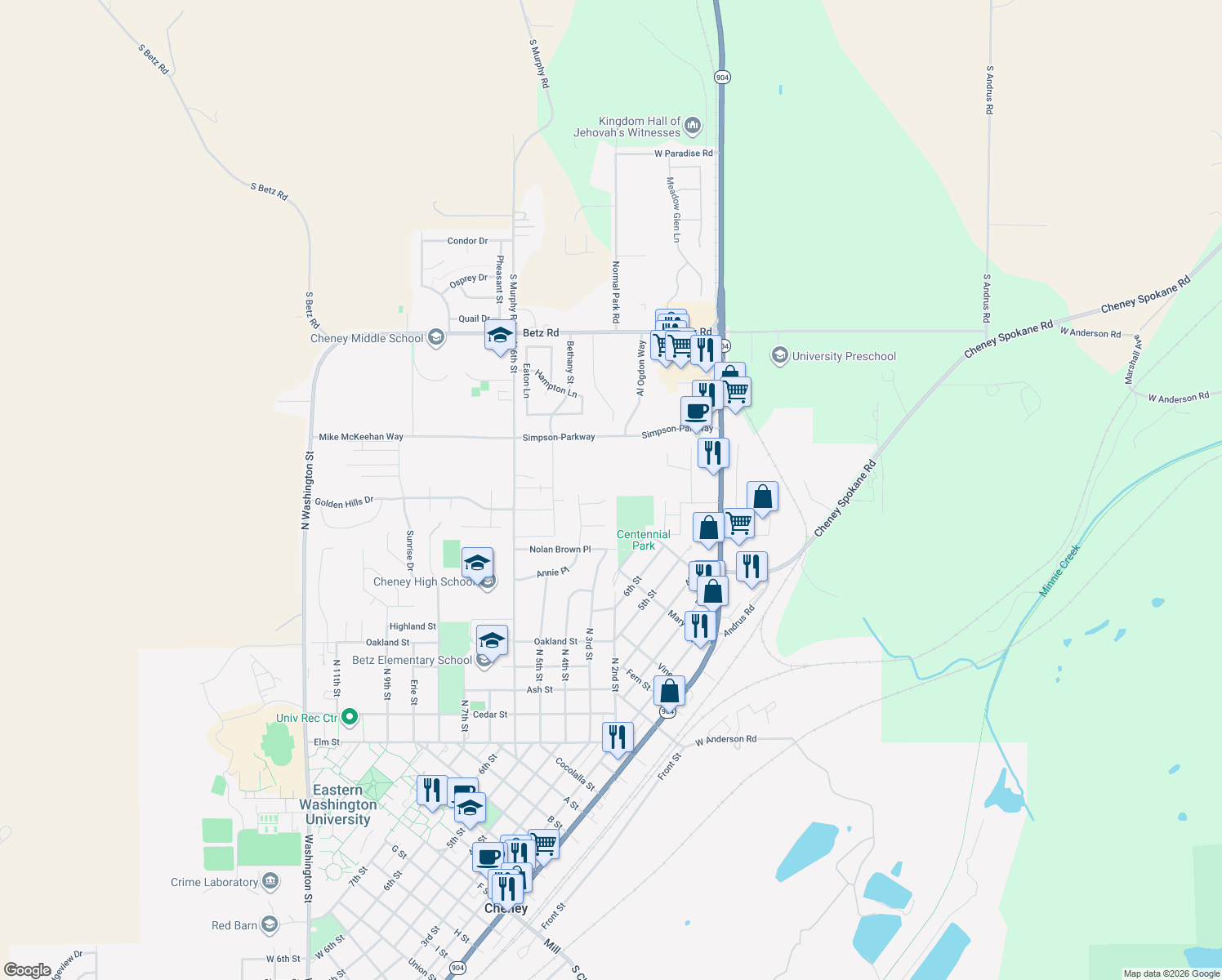 map of restaurants, bars, coffee shops, grocery stores, and more near 301 Plum Tree Ct in Cheney