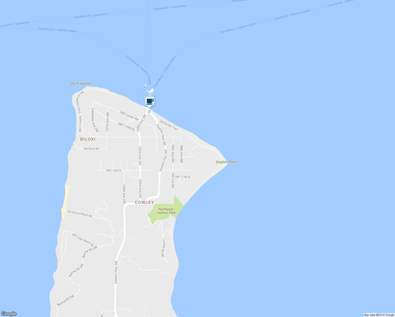 map of restaurants, bars, coffee shops, grocery stores, and more near 9705 SW Dolphin Point Rd in Vashon