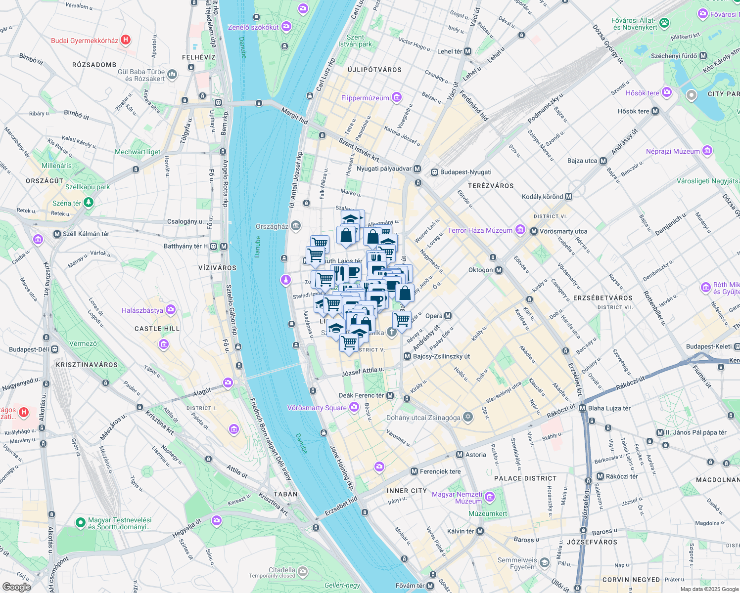 map of restaurants, bars, coffee shops, grocery stores, and more near in Budapest