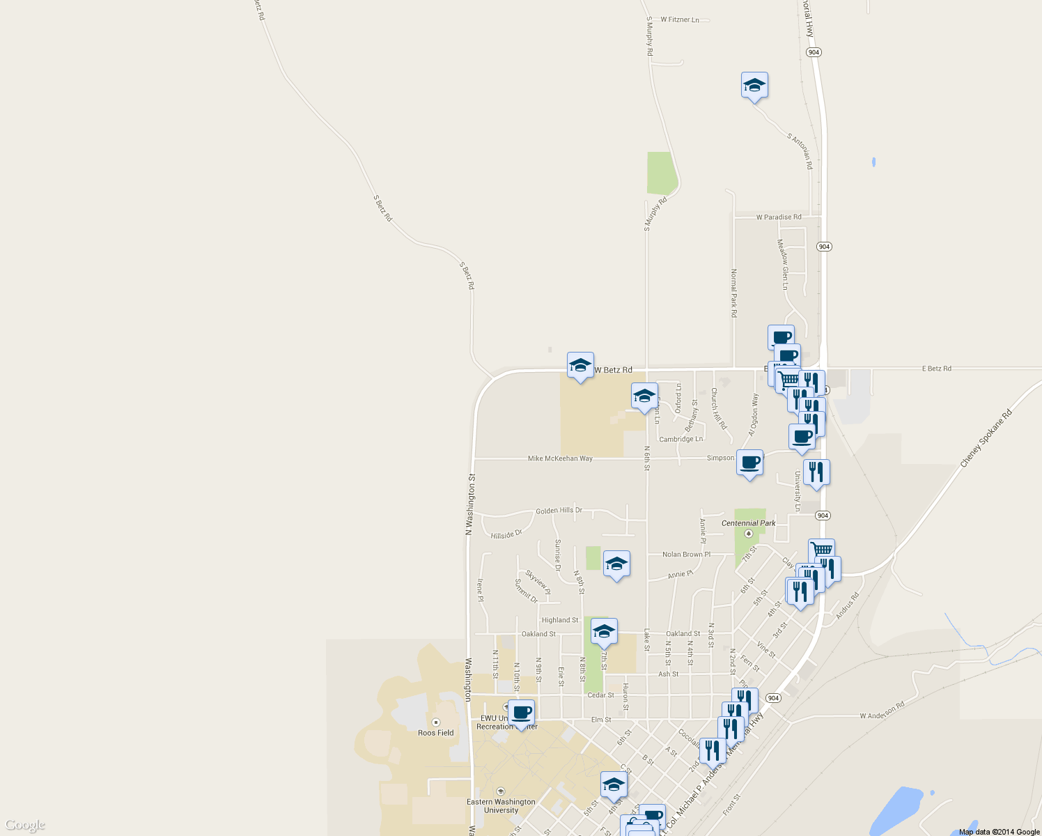 map of restaurants, bars, coffee shops, grocery stores, and more near 1090 West Betz Road in Cheney