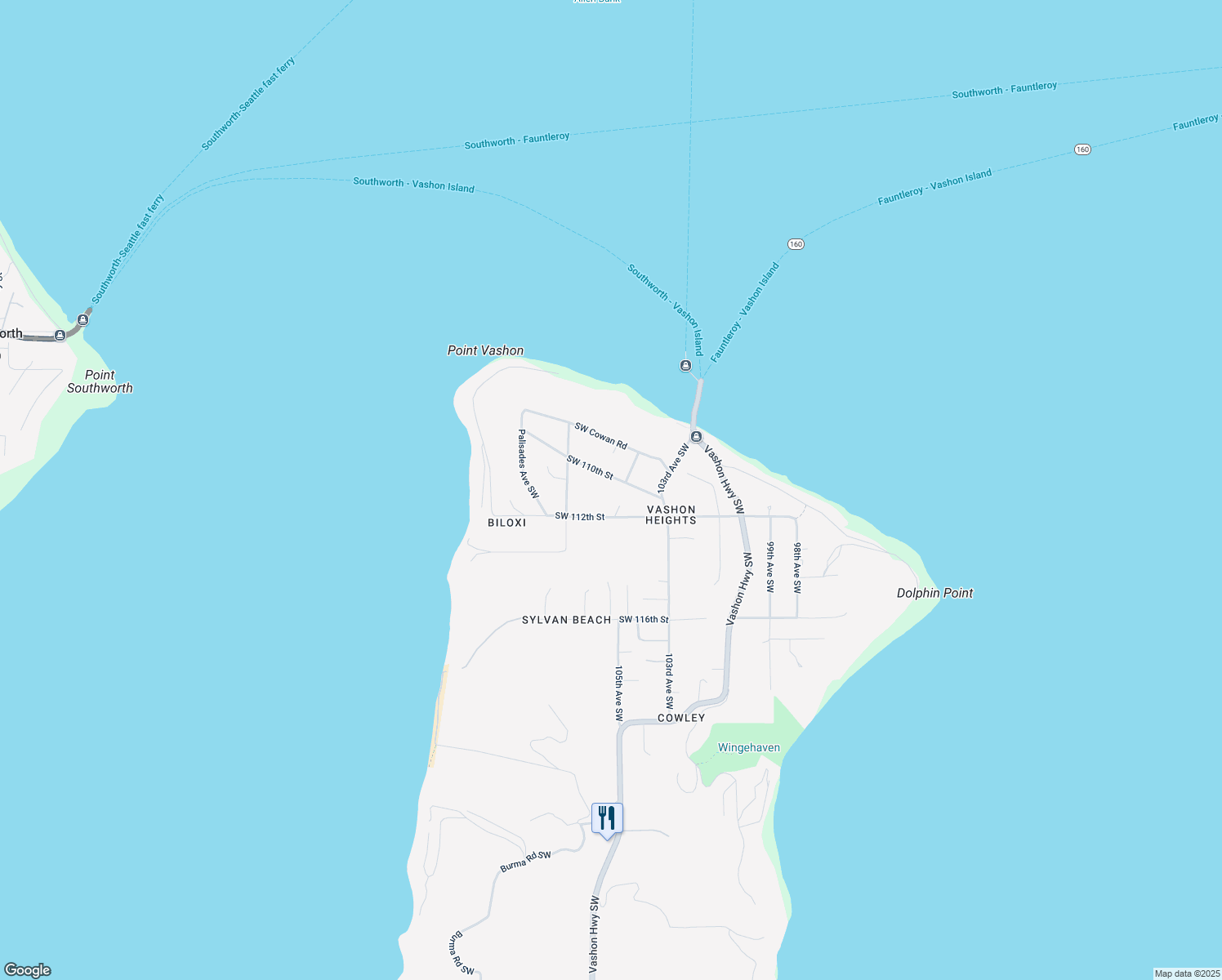 map of restaurants, bars, coffee shops, grocery stores, and more near 10409 SW 110th St in Vashon