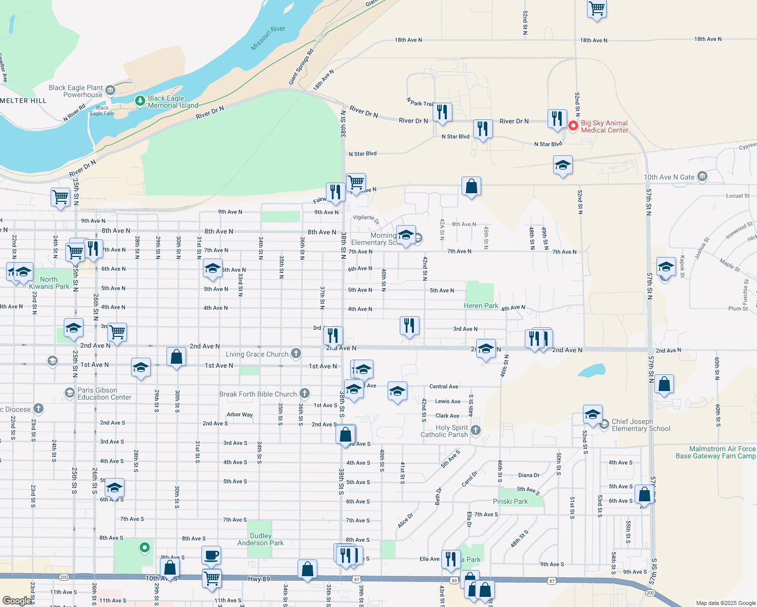 map of restaurants, bars, coffee shops, grocery stores, and more near 3853 4th Avenue North in Great Falls
