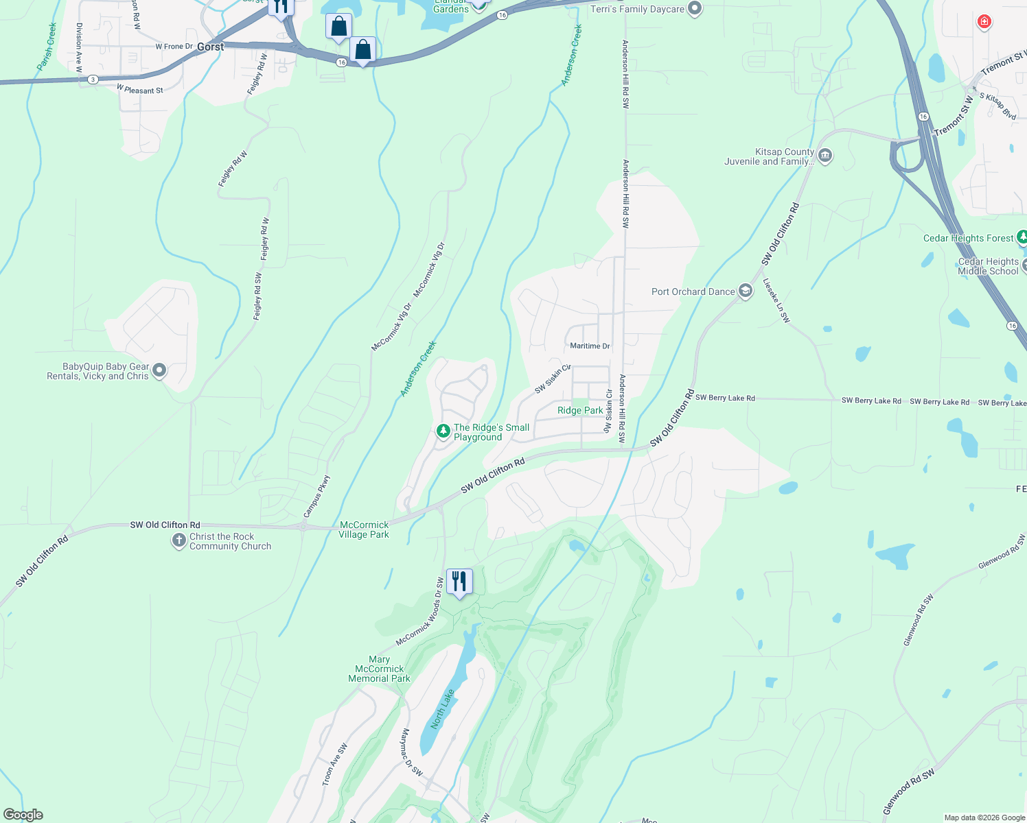 map of restaurants, bars, coffee shops, grocery stores, and more near 2362 Southwest Siskin Circle in Port Orchard