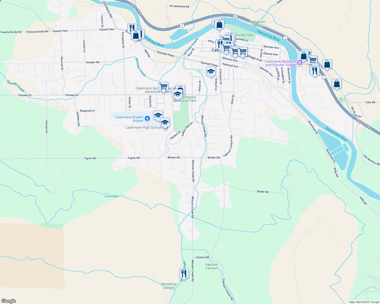 map of restaurants, bars, coffee shops, grocery stores, and more near 5110 Regan Road in Cashmere