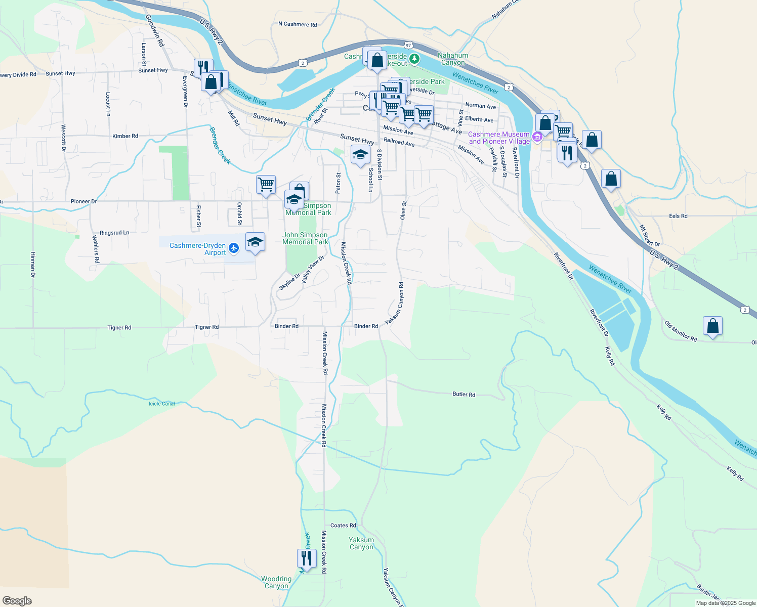 map of restaurants, bars, coffee shops, grocery stores, and more near 5189 Mission Creek Road in Cashmere