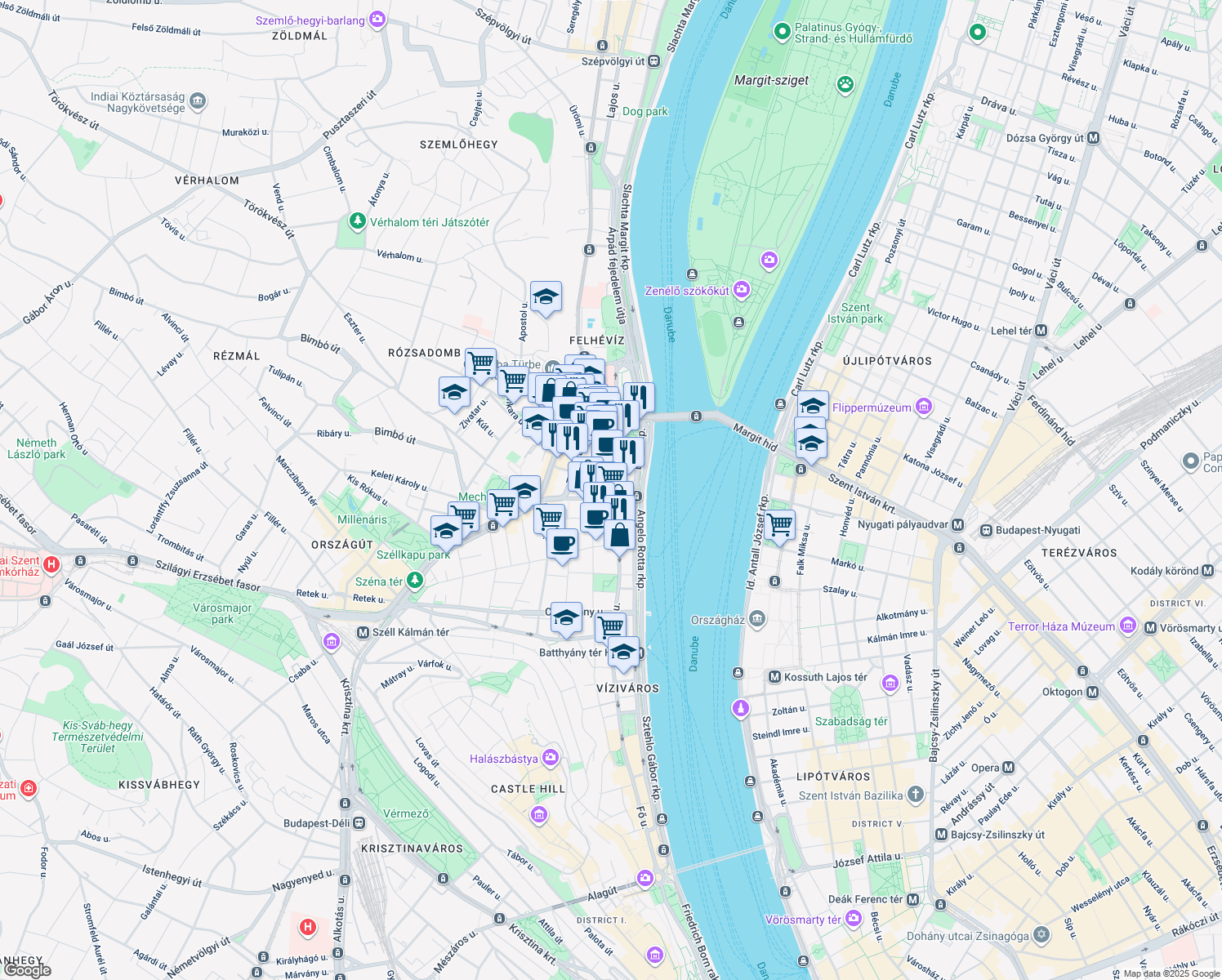 map of restaurants, bars, coffee shops, grocery stores, and more near in Budapest