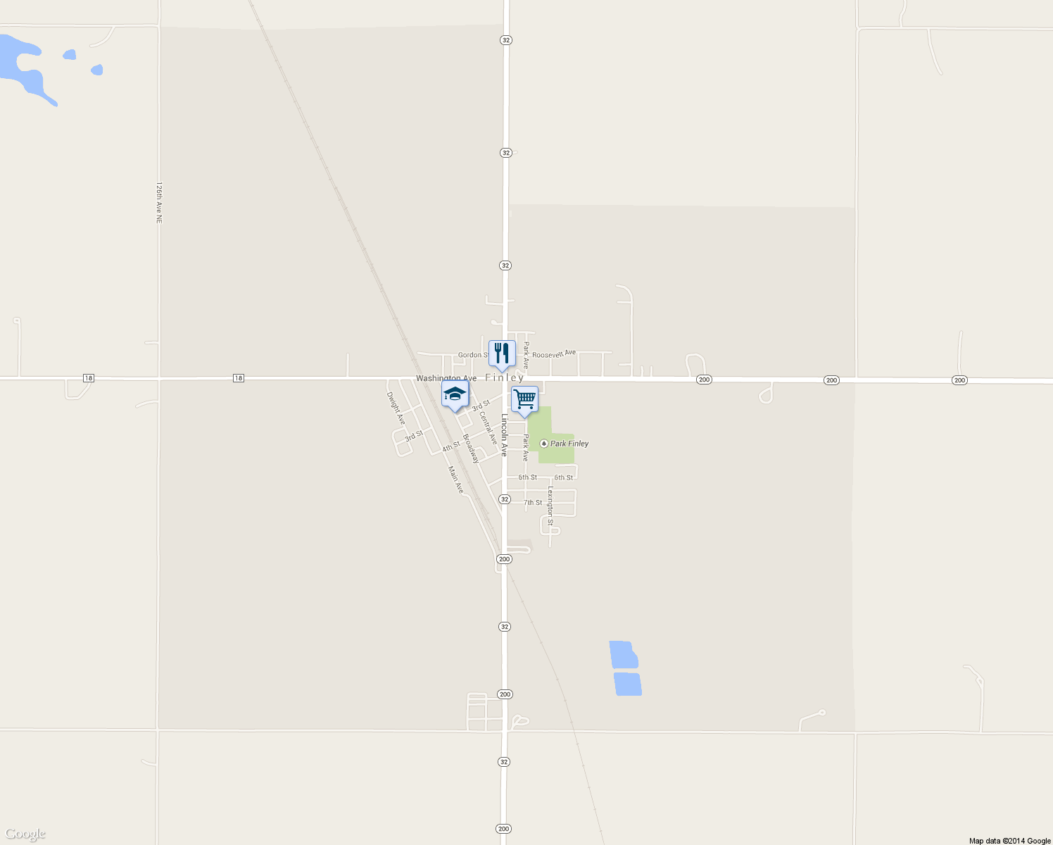 map of restaurants, bars, coffee shops, grocery stores, and more near Park Avenue in Finley