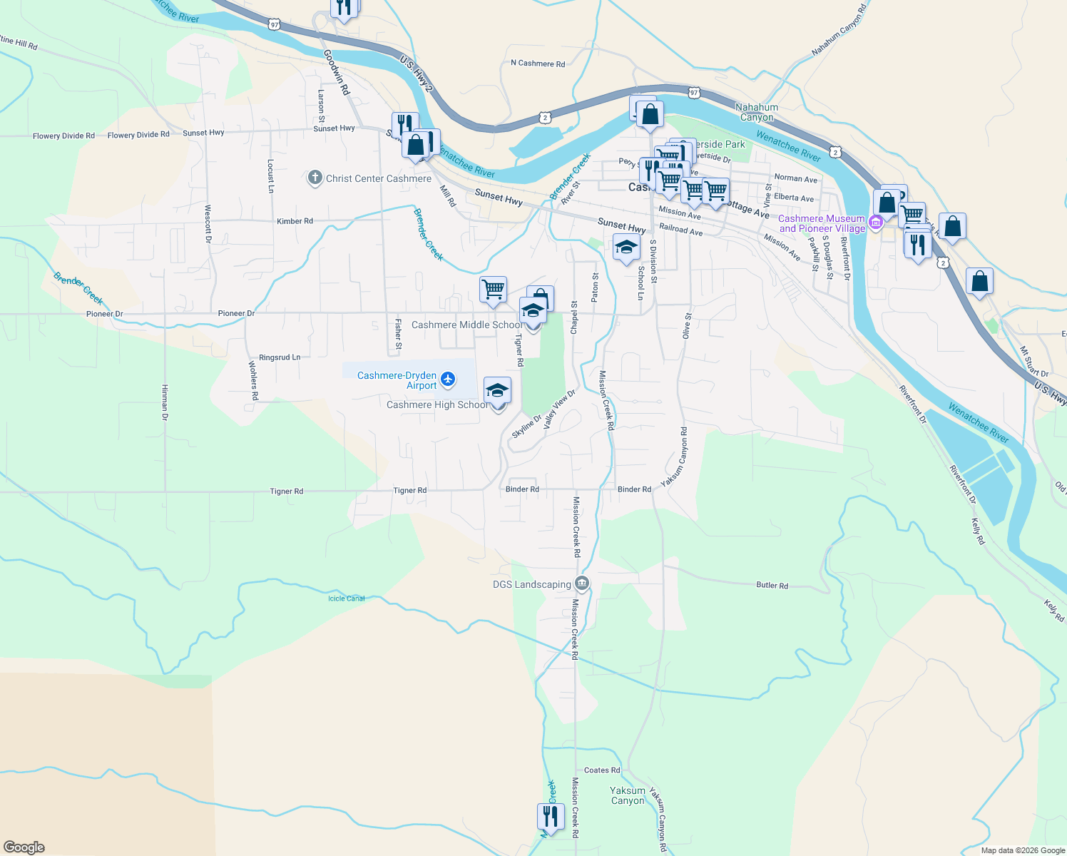 map of restaurants, bars, coffee shops, grocery stores, and more near 201 Skyline Drive in Cashmere