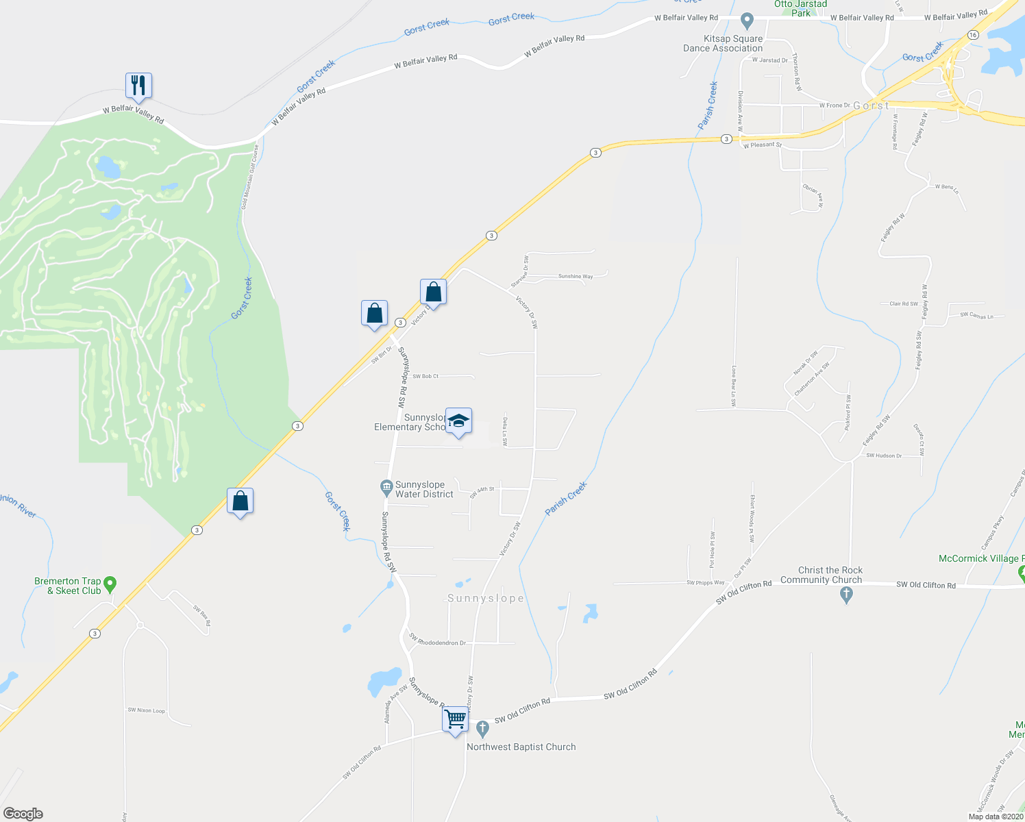 map of restaurants, bars, coffee shops, grocery stores, and more near 5601 Delia Lane Southwest in Port Orchard